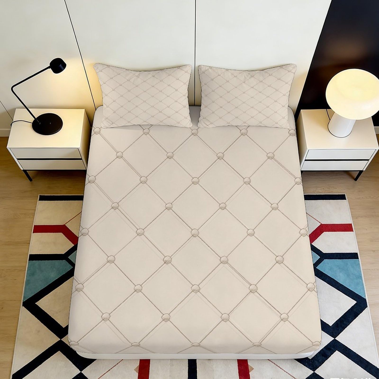 3D Printed Beige Geometric Fitted Sheet Microfiber Soft Bedroom Decor Minimalist Lattice Bed Sheet for Mattress Cover 90x200x25cm