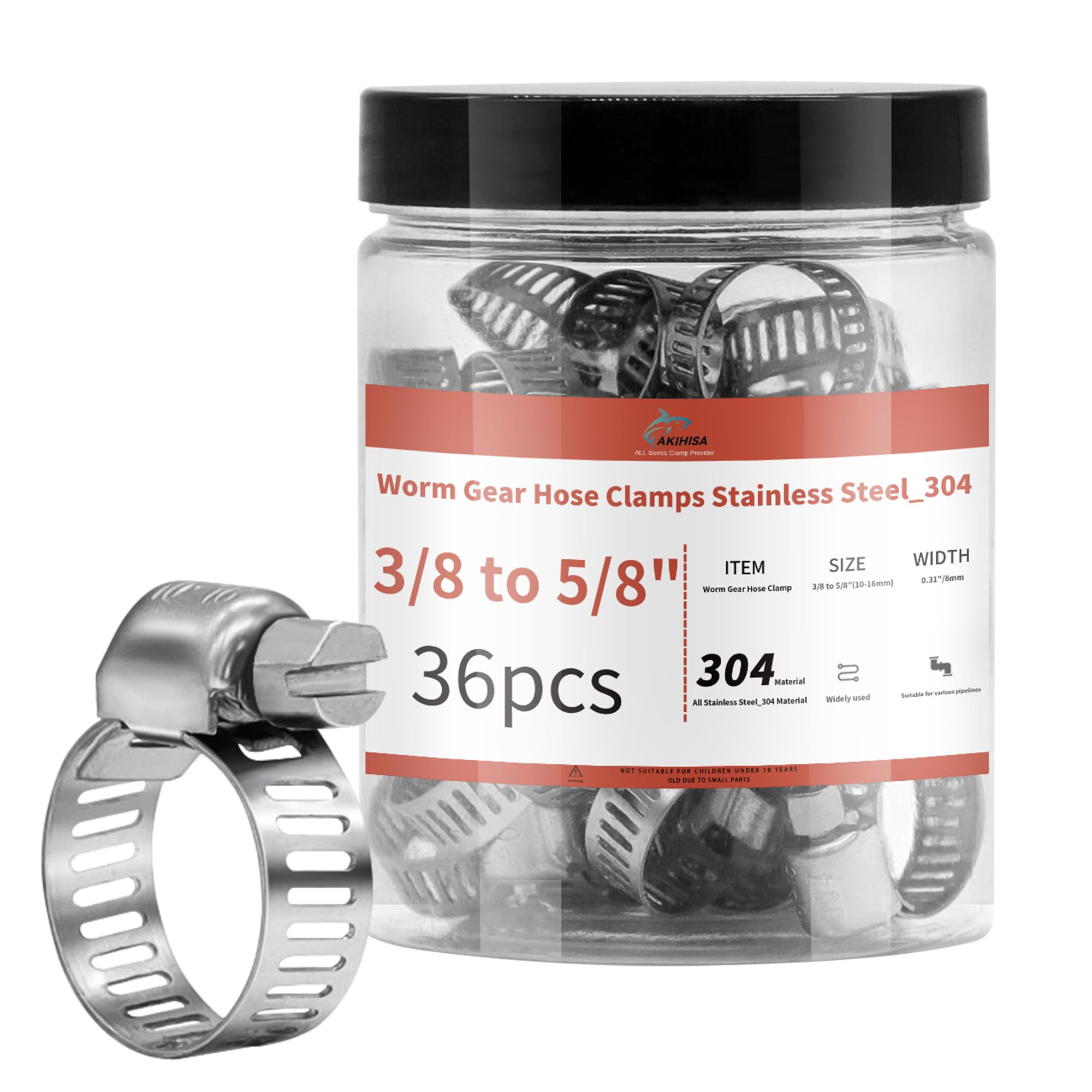 36 Pack 3/8"-5/8" Worm Gear Hose Clamps, Adjustable Range 10-16mm, 304 Hose Clamps Stainless Steel, for Pipe Plumbing Automotive And Mechanical