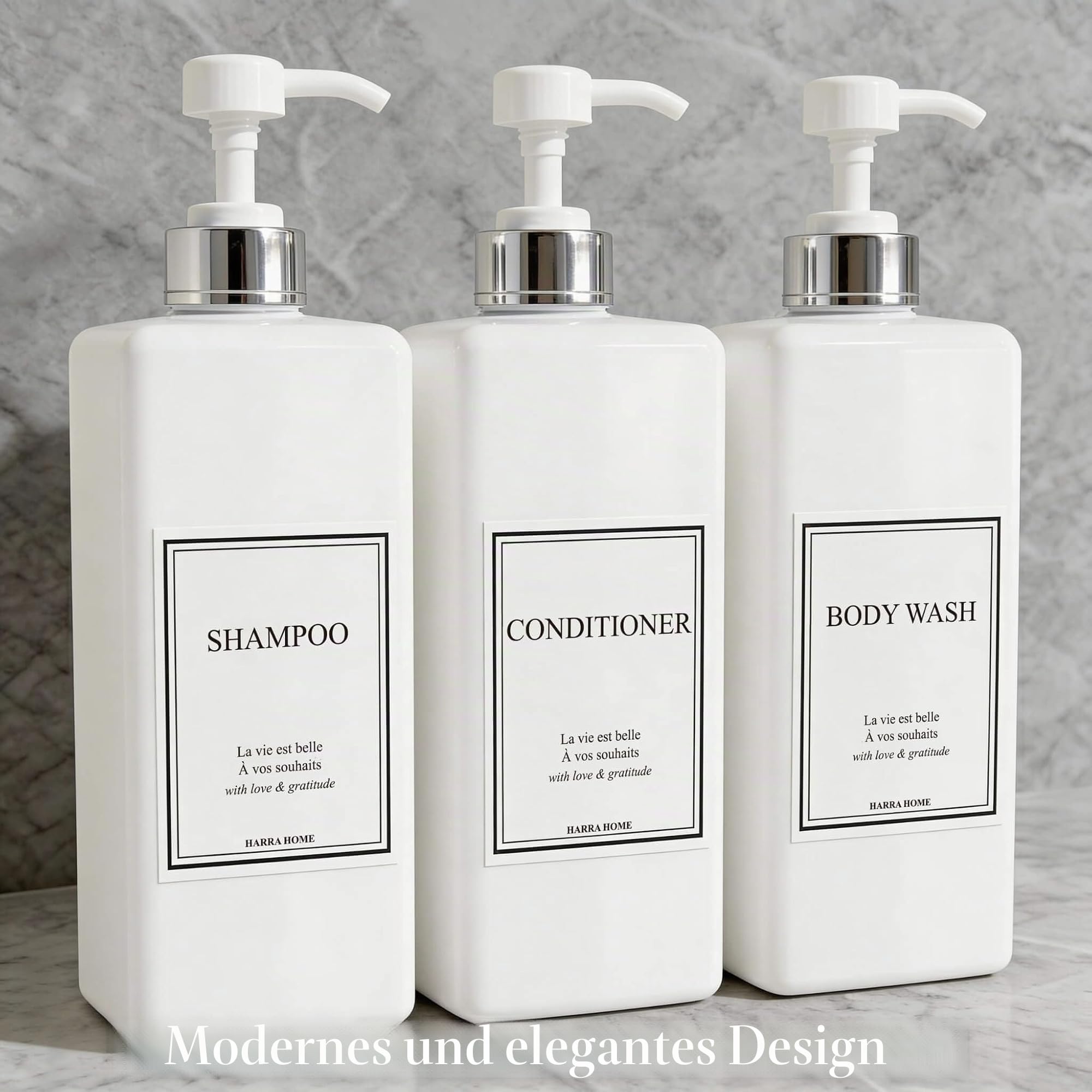 Pumpflaschenset mit modernem Golddesign, nachfüllbar, für Shampoo und Spülung, Leere Dusche, Kunststoffflaschen Pumpe, Badezimmer, Lotion, 3 Stück (weiß & Silber)