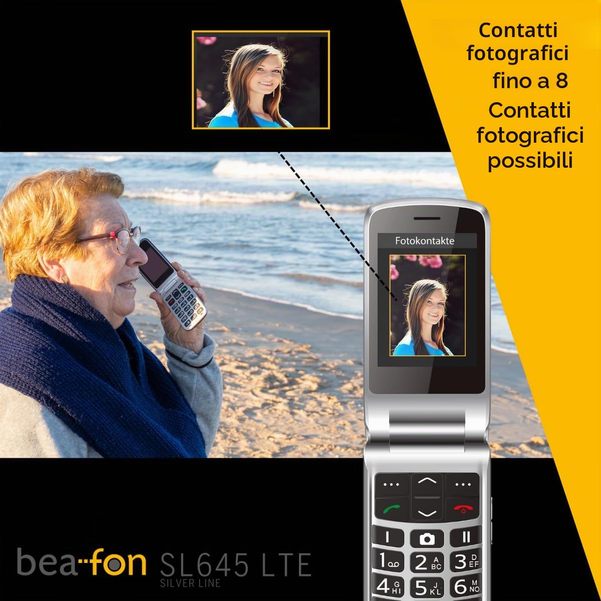 Beafon, SL645, LTE 4G, Silverline, telefono cellulare per anziani con pulsante di emergenza SOS pieghevole, XXL, display interno da 7,11 cm, display esterno a colori da 4,49 cm, fotocamera da 3,0 MP