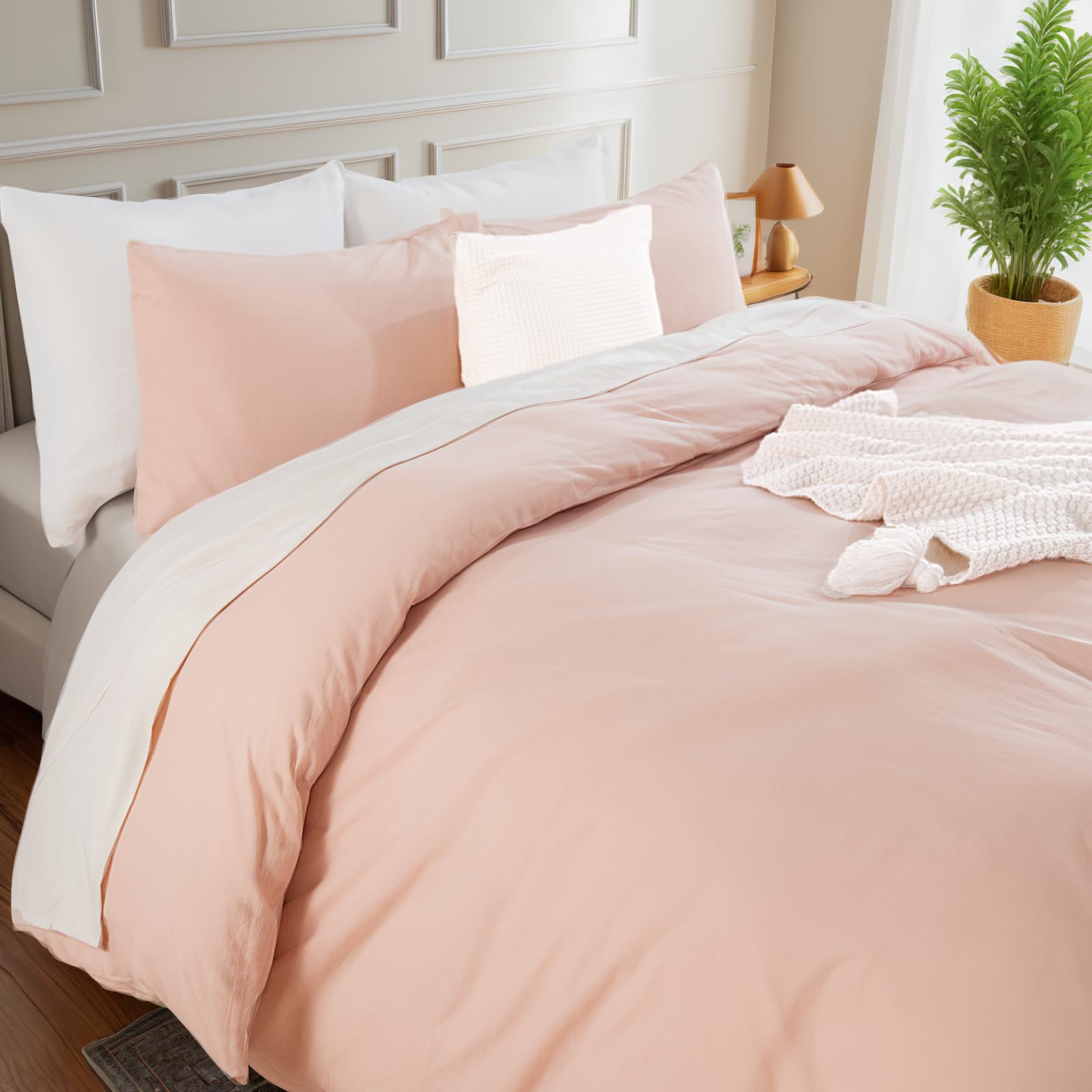 NEXHOME PRO Zestaw poszewek na kołdrę w rozmiarze podwójnym, lnianym w dotyku, teksturowana, sprana bawełna, poszewka na kołdrę, 2-częściowy zestaw pościeli z zapięciem na zamek błyskawiczny i narożnymi wiązaniami, oddychająca i miękka, jasnoróżowa (bez k