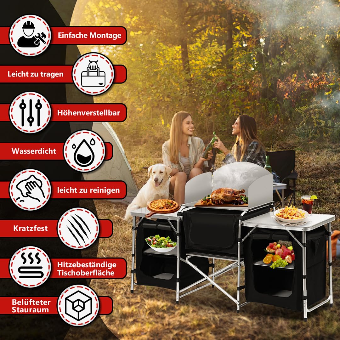 Składana szafka kempingowa z aluminiową ramą i ochroną przed pryskaniem, 5 schowków, szafka namiotowa, pudełko kuchenne, na kemping, do kuchni, torba do przenoszenia, kuchnia podróżna na