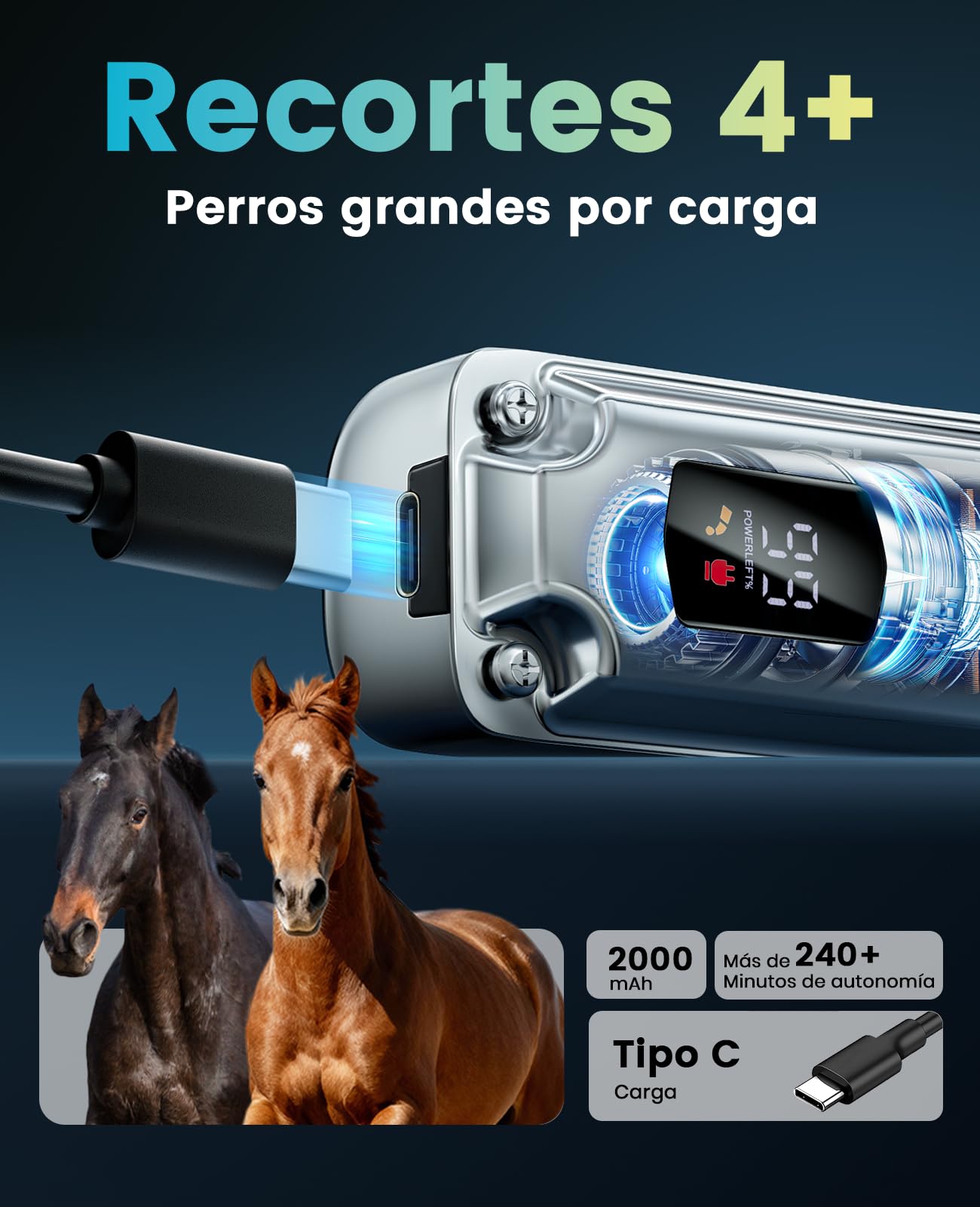 Oneisall Máquina Cortapelo para Caballos Inalámbrica 6 Accesorios Cuchilla Acero Extraíble Silenciosa Pelaje Grueso 4h Autonomía