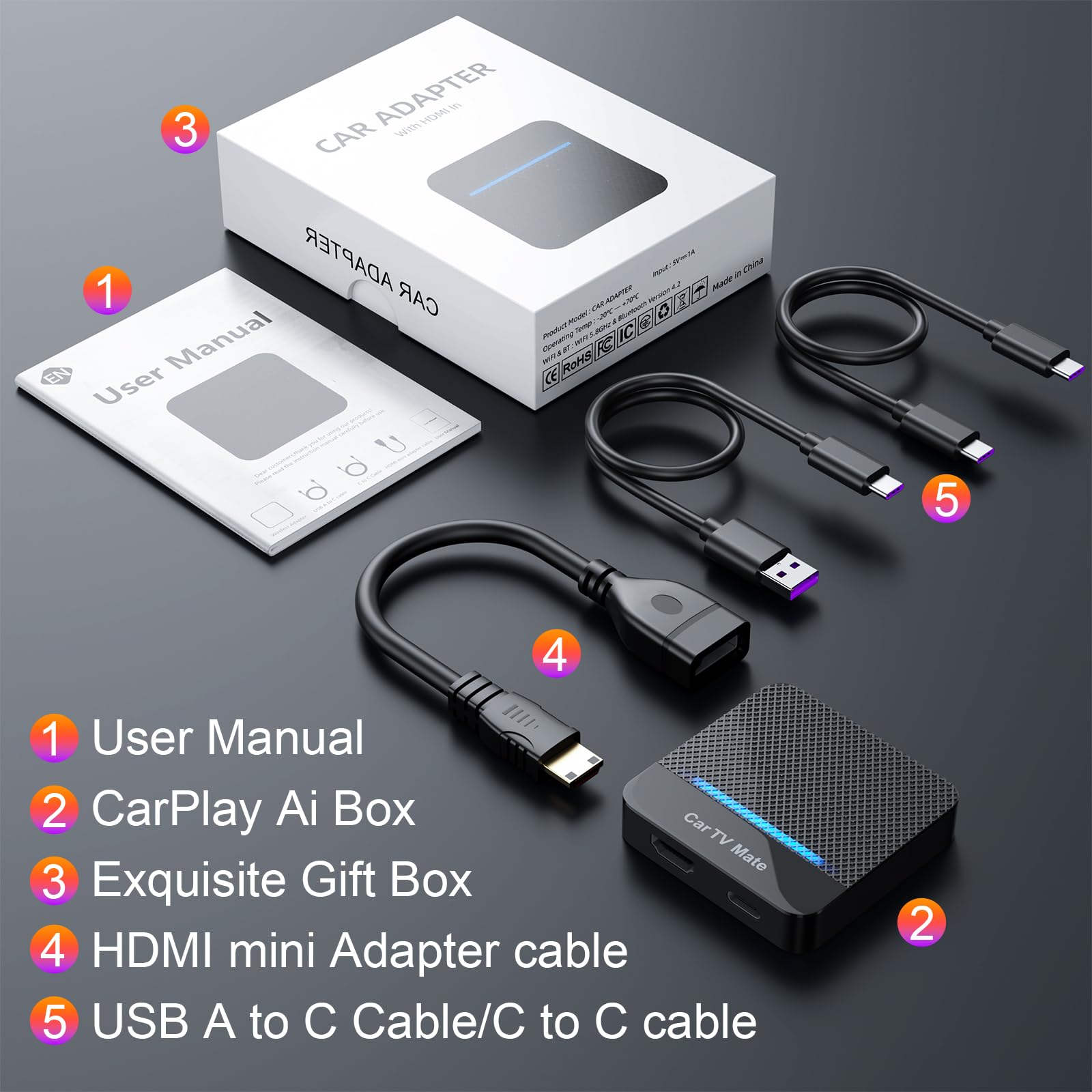 Car TV Mate Pro con Adaptador inalámbrico Car Play, convertidor Multimedia HDMI 2 en 1 para Consolas de Videojuegos/decodificadores, Convierte CarPlay con Cable a inalámbrico Plug & Play