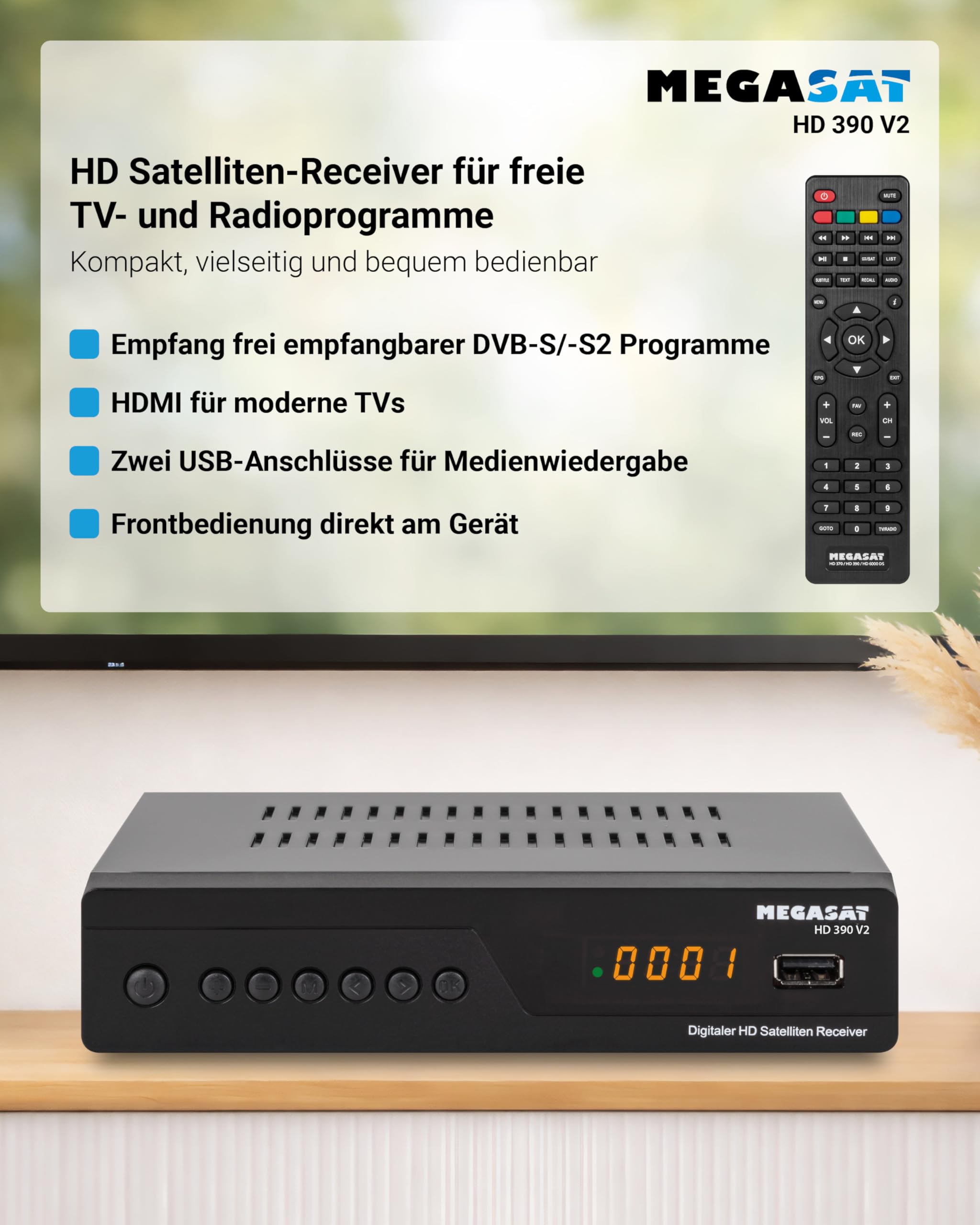 Megasat HD 390 – HD Sat-Receiver, HDMI & Scart – Schwarz | DVB-S / DVB-S2, Mediaplayer, 2 × USB, Display, Free TV