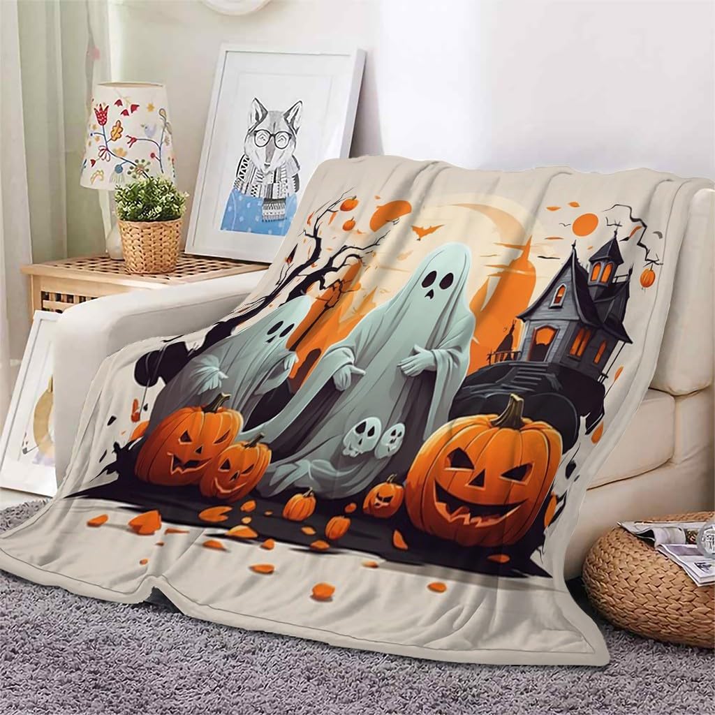 Générique Duży rozmiar straszny koc z dyni, koc polarowy na Halloween, miękki i puszysty koc flanelowy, odpowiedni do łóżek i sof (220 x 240 cm) AL1368