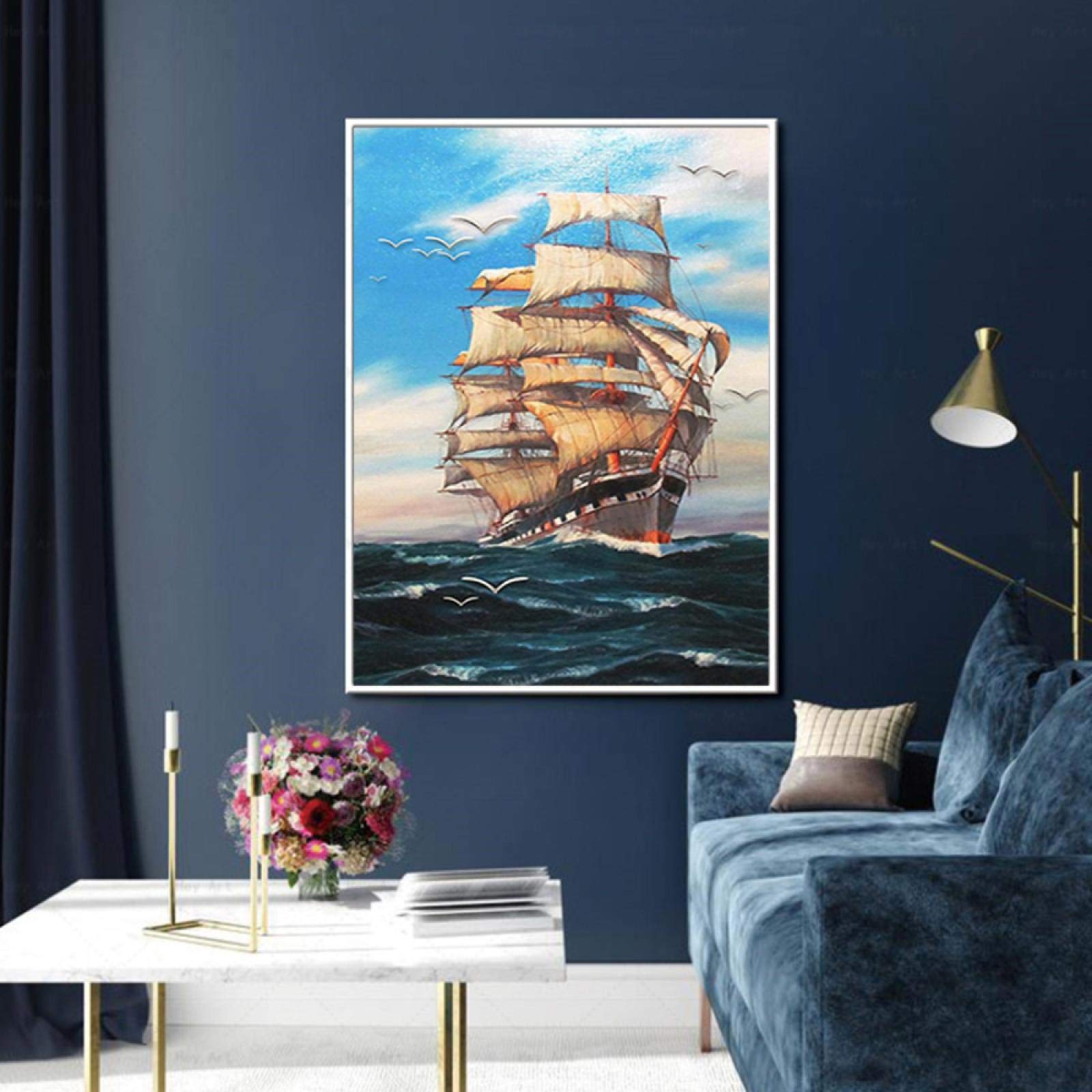 Amazon.co.jp: 帆船の鳥青い空シースケーププリント絵画ボートの