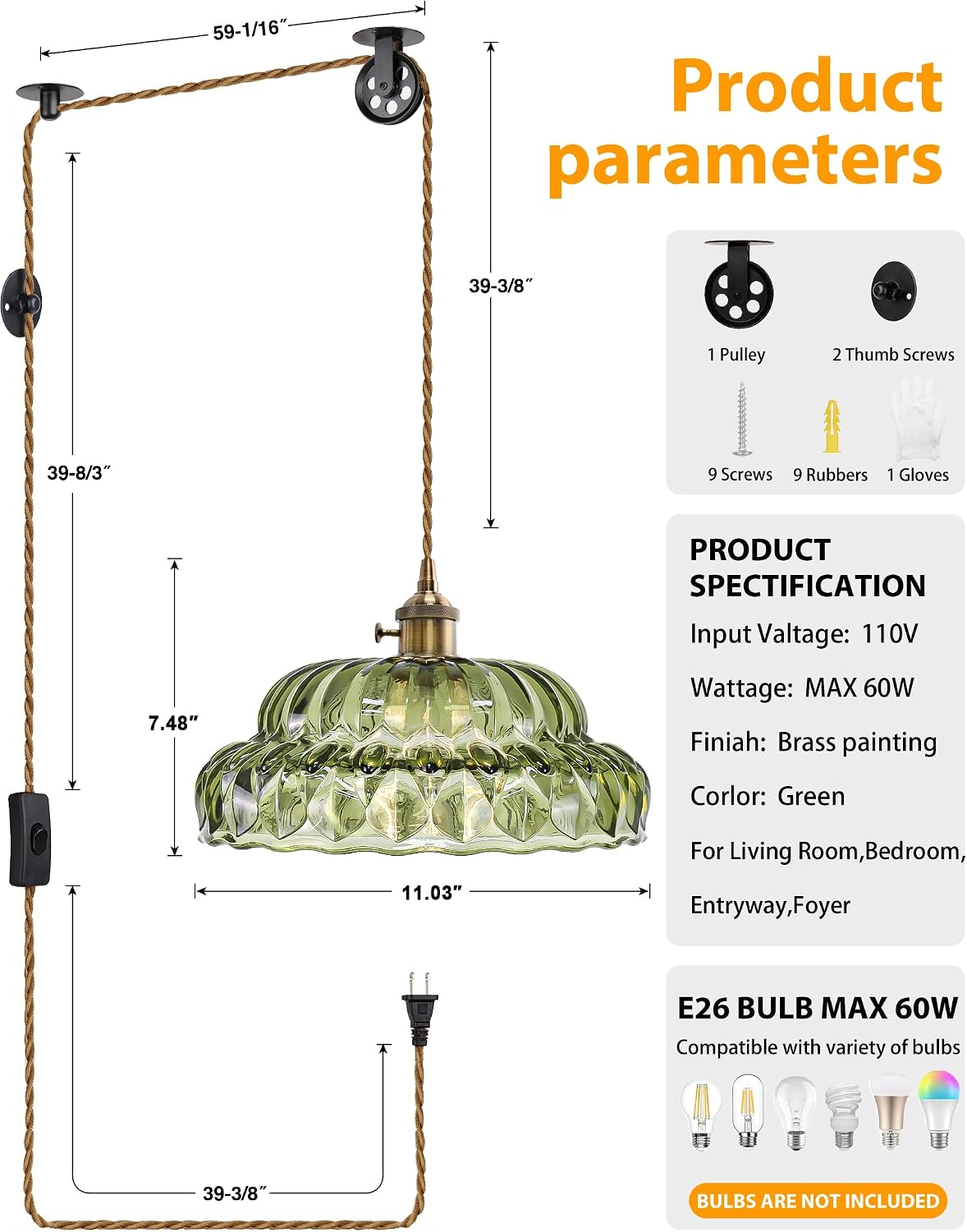 Condition photo showing New/Like New for vintage green glass plug in pendant light with cord and switch,retro hanging lamp no hardwire needed,renter friendly swag lighting for kitchen sink,island,reading corner,bedroom 11in plug-in green glass