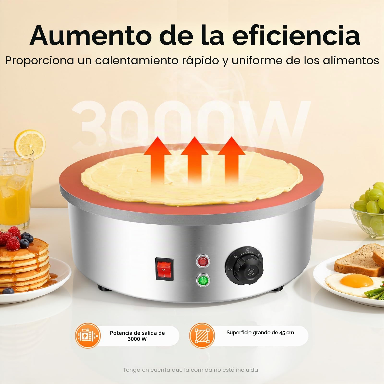 Crepa Eléctrica 45cm Eléctrico Acero Inoxidable 2800W Revestimiento Antiadherente 150-280℃