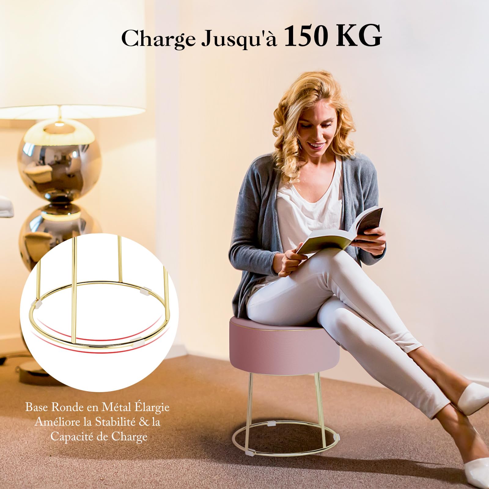 COSTWAY Tabouret Coiffeuse Rond, Pouf Coiffeuse en Velours Rembourré, Pouf Tabouret, Base en Métal, Coussinets Antidérapants, pour Salon, Chambre, Entrée, 35 × 35 × 41 cm (Rose)