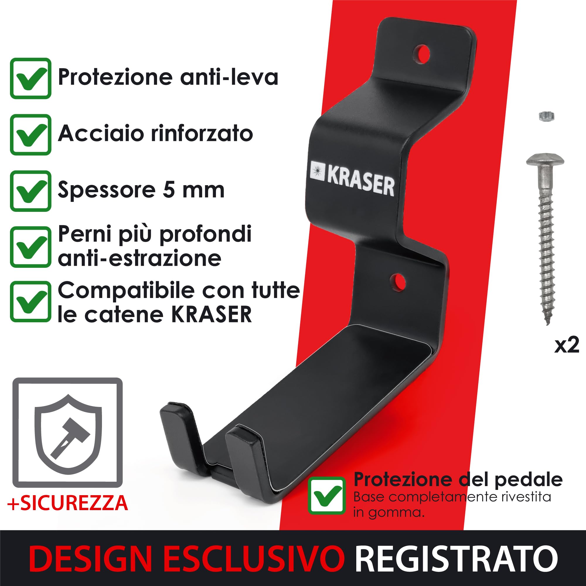 KRASER KR42P Porta Bici da Muro con Gancio Ancoraggio Antifurto 2in1 | Gancio Pedale con Punto per Catena | Doppio Supporto Ruota, Acciaio Rinforzato 5 mm | Portabici da Muro Pedale E-Bike MTB Strada