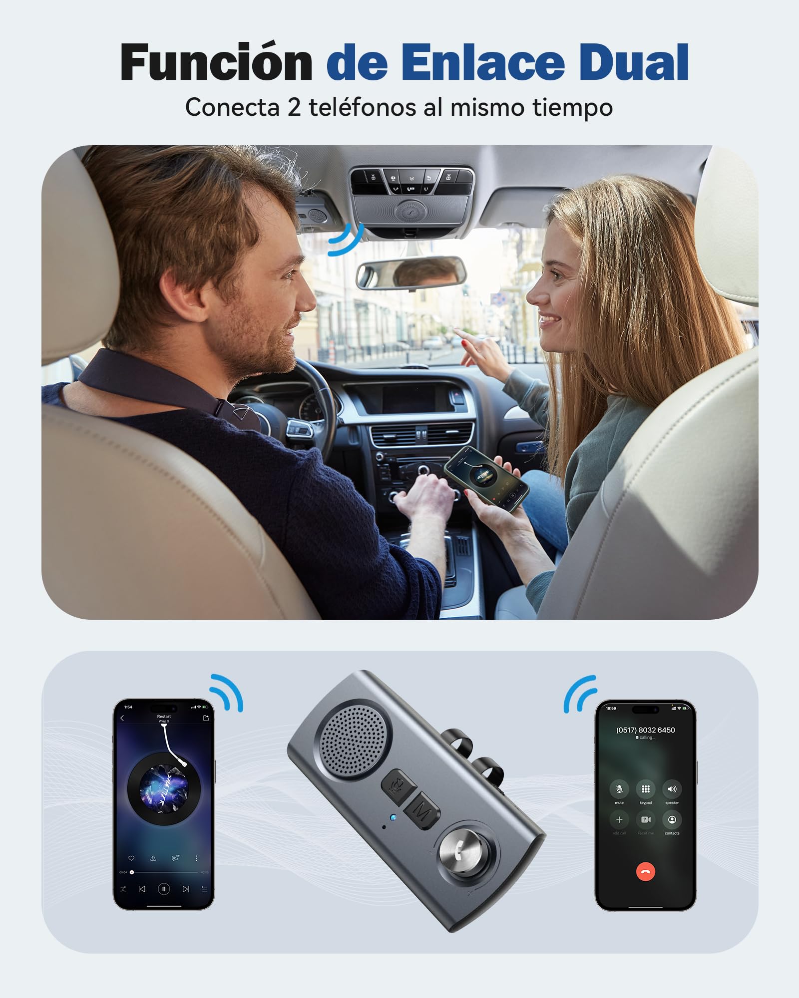 AGPTEK Manos Libres para Coche Bluetooth 5.3 con Siri, Google Asistente, Kit de Coche Altavoz Inalámbrico con Ranura de Tarjeta TF, Soporta Conexión de 2 Teléfonos Simultáneamente