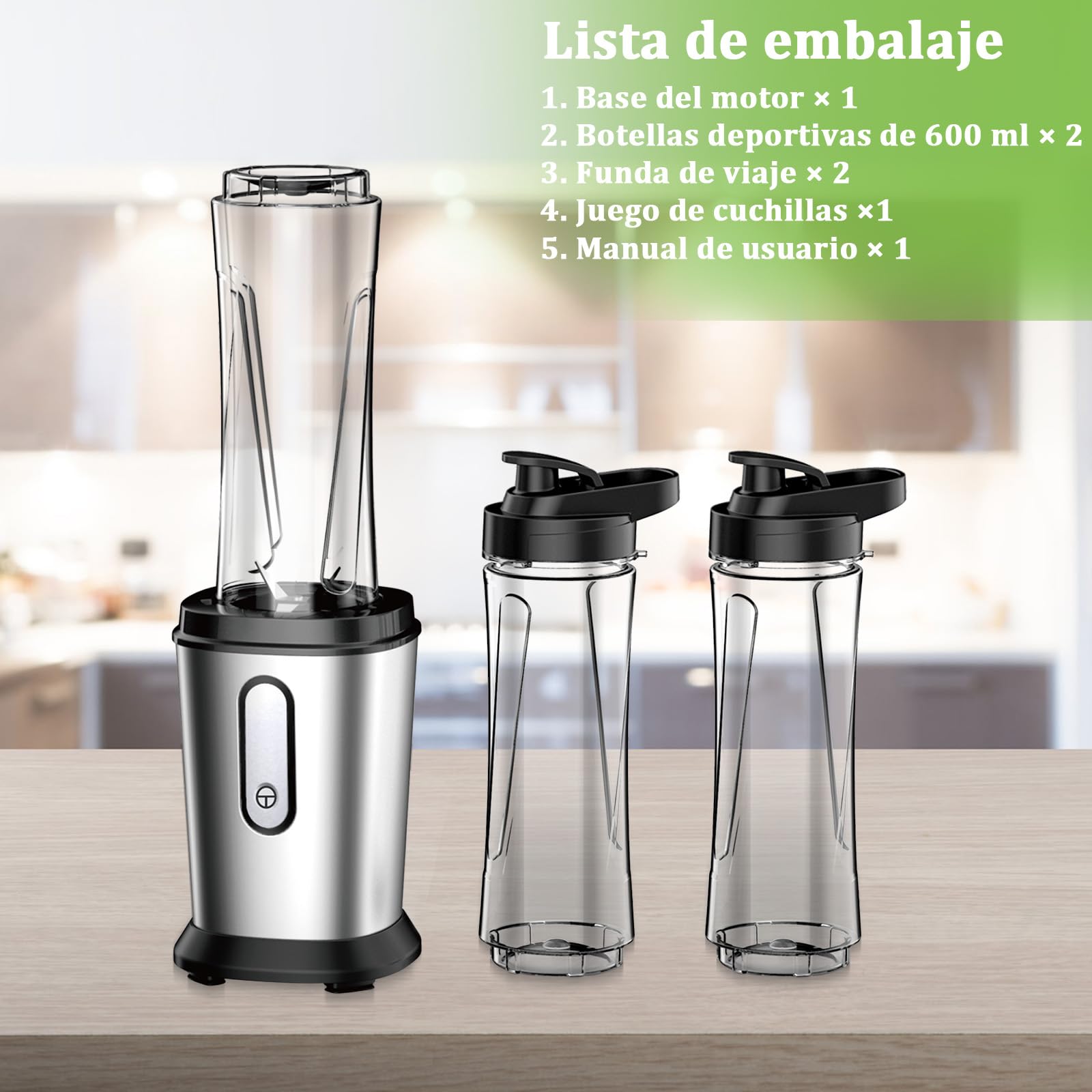 Batidora de Vaso, 500W Mini Portatil Batidora de Vaso Smoothies Individual con 2 Botellas de 600 ml de Plástico Tritan, Licuadora para Zumos, Batidos, Verduras, Frutas