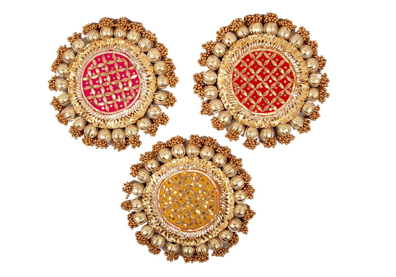 JOYFUL HOME CREATION Handmade Gota Patti Work Plate, Table Decor & Base for Statues, Gods, Plants | Craftsmanship with Golden Moti Detailing, Ideal Gift for Diwali, Birthdays, Housewarming (Pack of 3) (B0CYT8C23G) Amazon Price History, Amazon Price Tracker