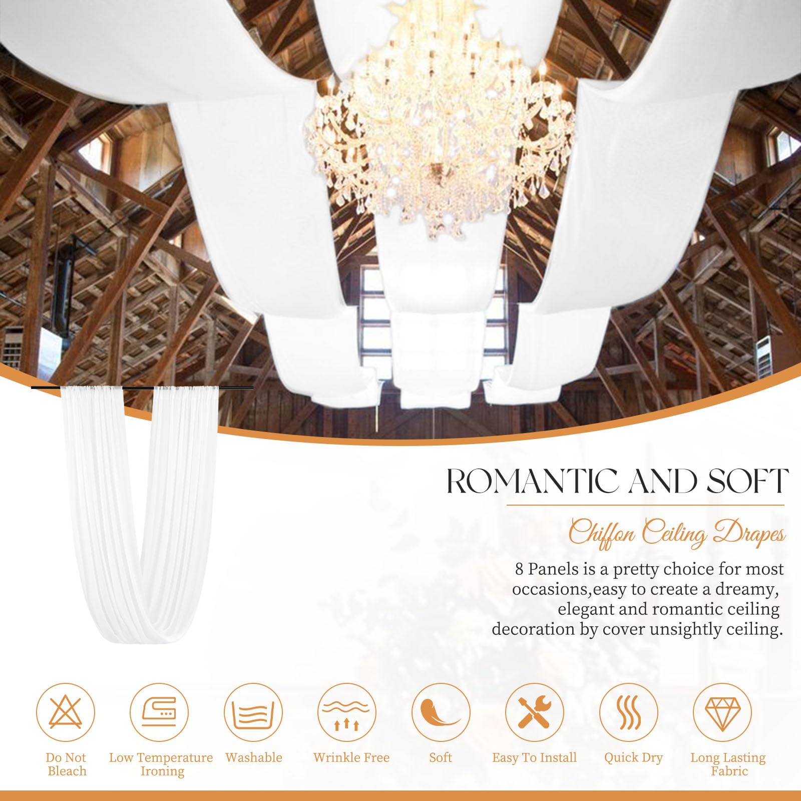 Lot de 8 rideaux de plafond blancs en mousseline de soie transparente pour mariage, fête, cérémonie, scène - 1,5 x 6,1 m