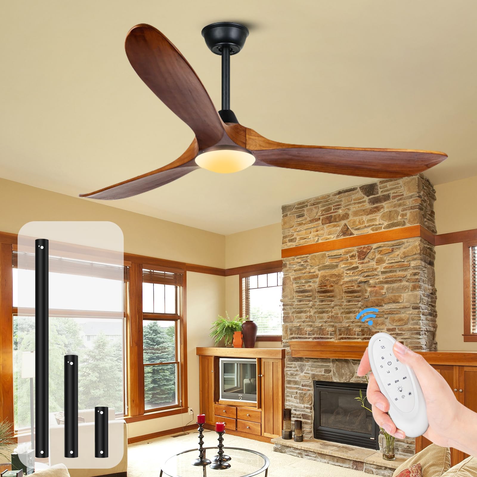 ZHUYILONG60" Outdoor Ceiling Fan with Remote and Light, Large Walnut Wood Rustic Ceiling Fans for Patios with Quiet Reversible DC Motor 6-Speed Timer 3-Downrod for Bedroom Farmhouse Living Room