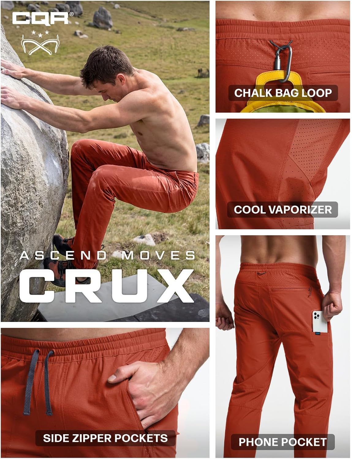 CQR Men's Lightweight Vent Hiking Pants, Water-Resistant & Breathable Sports Outdoor Athletic Pants with Elastic Waist