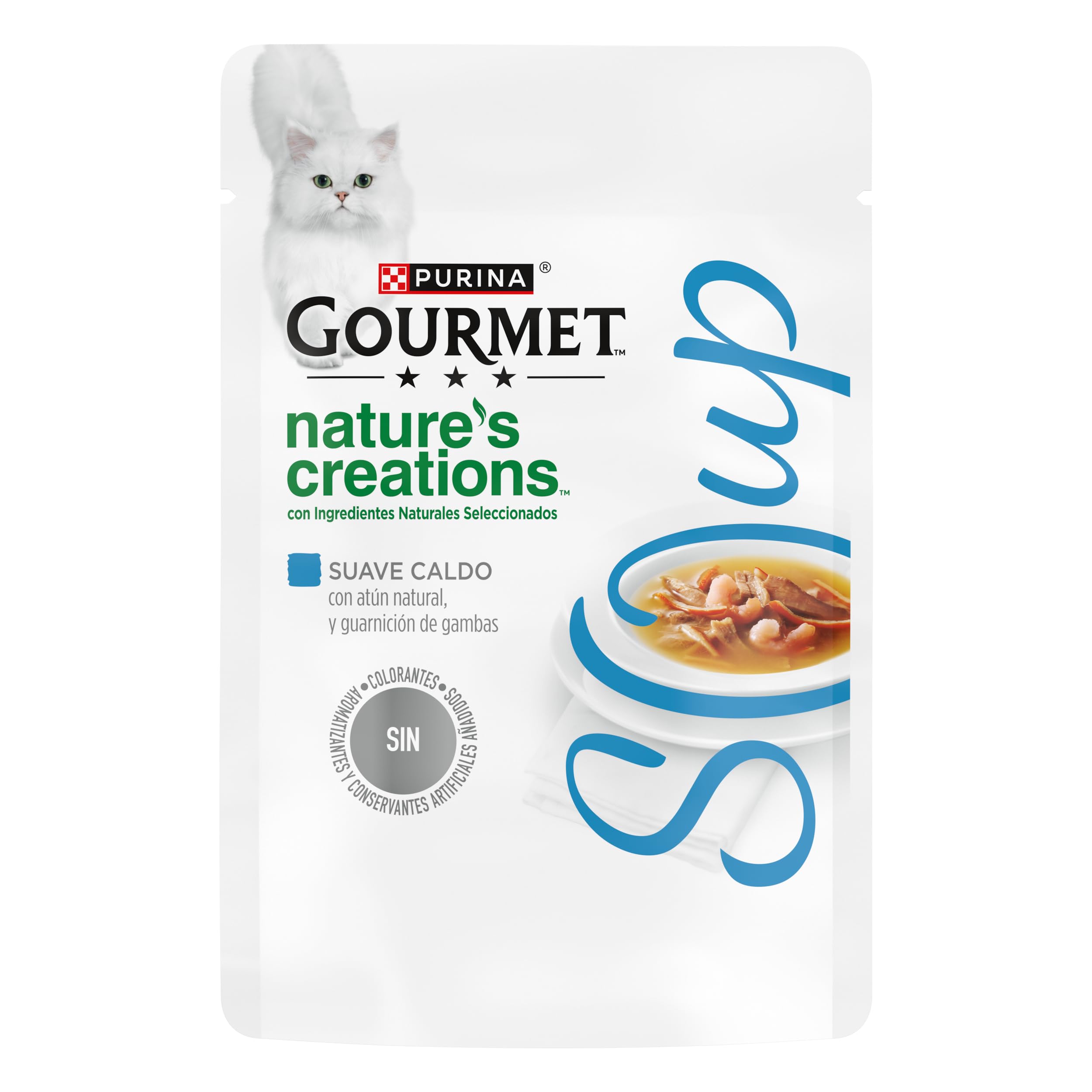 Purina Gourmet Nature's Creations Soup, Comida Húmeda Natural para Gato, Sopa con Atún y Gambas, 32 Sobres de 40g