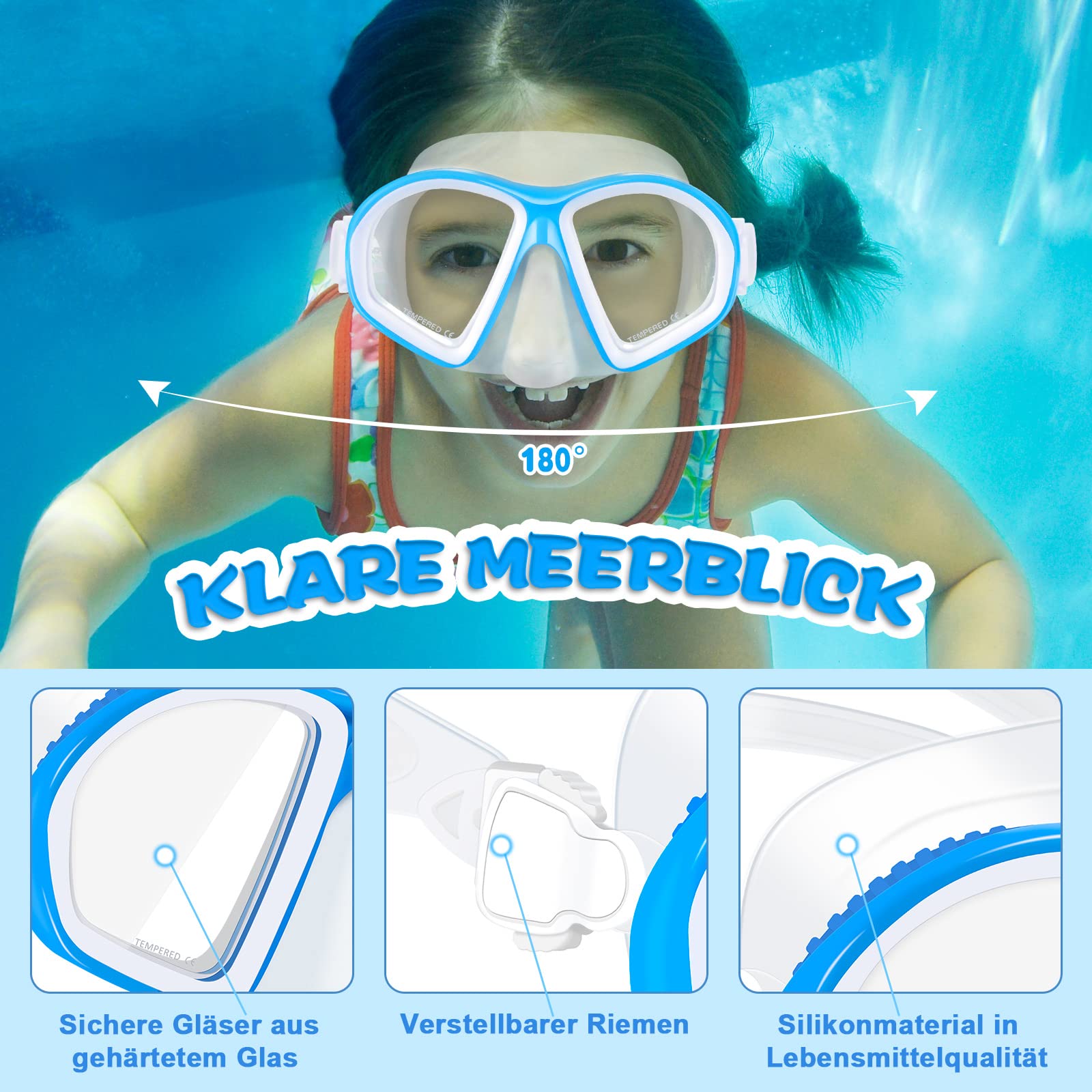 Supertrip Kids Snorkeling Set, Snorkeling Gear for Kids, Children Mask Fin Snorkel Set with Tempered Glass, Snorkel Mask Diving Goggles, Dry Top Snorkel, Adjustable Swim Fins for Boys Girls Age 6-14