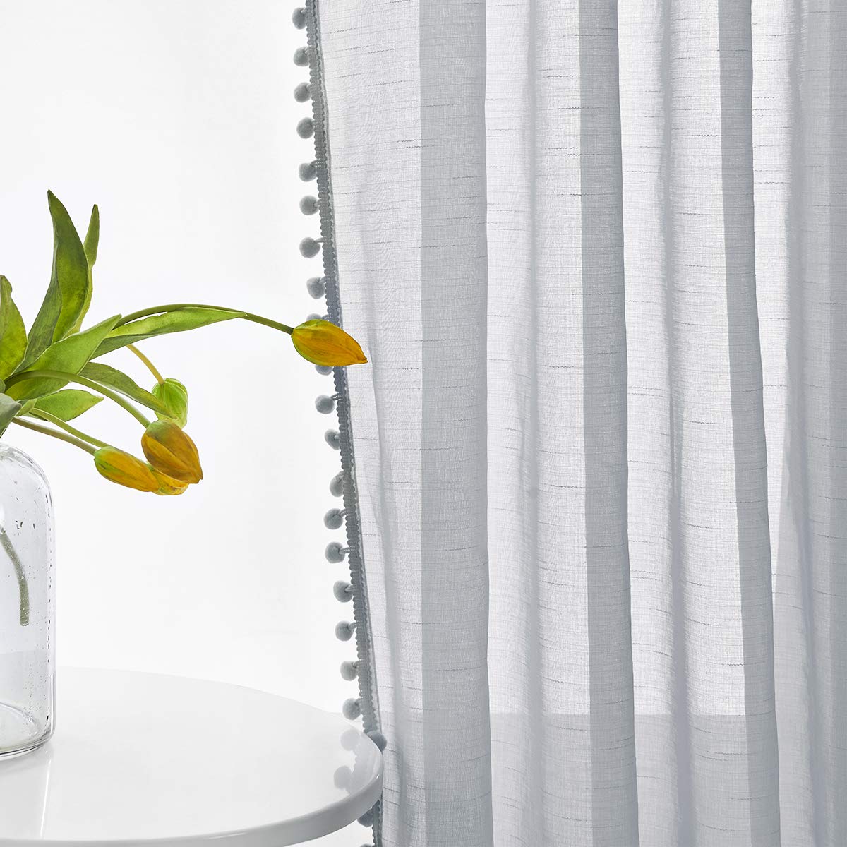 Pom Pom Sheer Curtains for Bedroom Window, 72 Inch, Light Grey