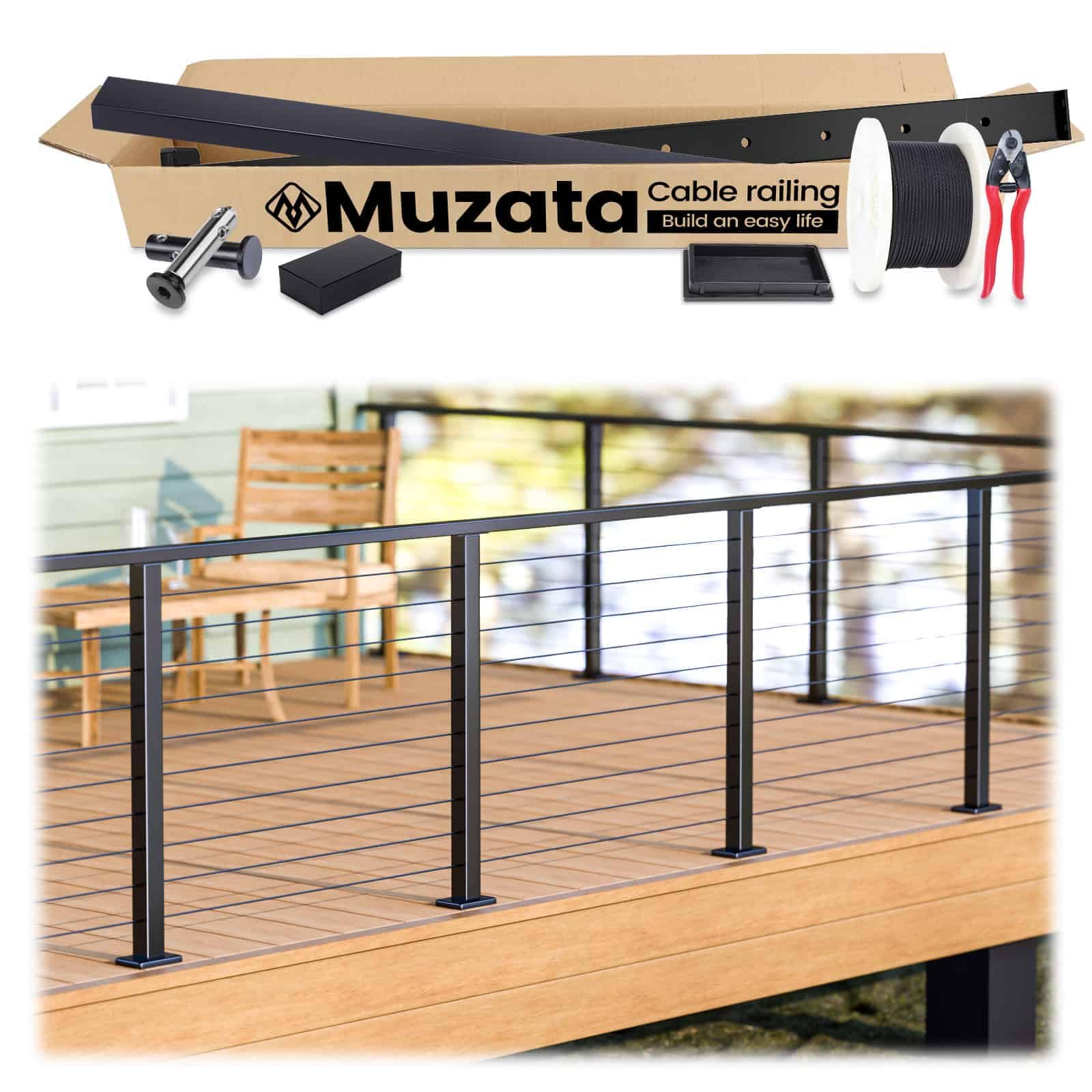Muzata 13'-19'6" Black Complete Cable Railing Kit 36 Inch Cable Railing System for Decks with Post Handrail Length Adjustable Easy DIY with User Guide Complete Set RCS2 BH4S