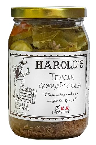 Harold's - Purdy Hot Crinkle Cut Pickle Slices - Pepinillos picantes - Repleto de ajo fresco y habanero - Hecho en Texas