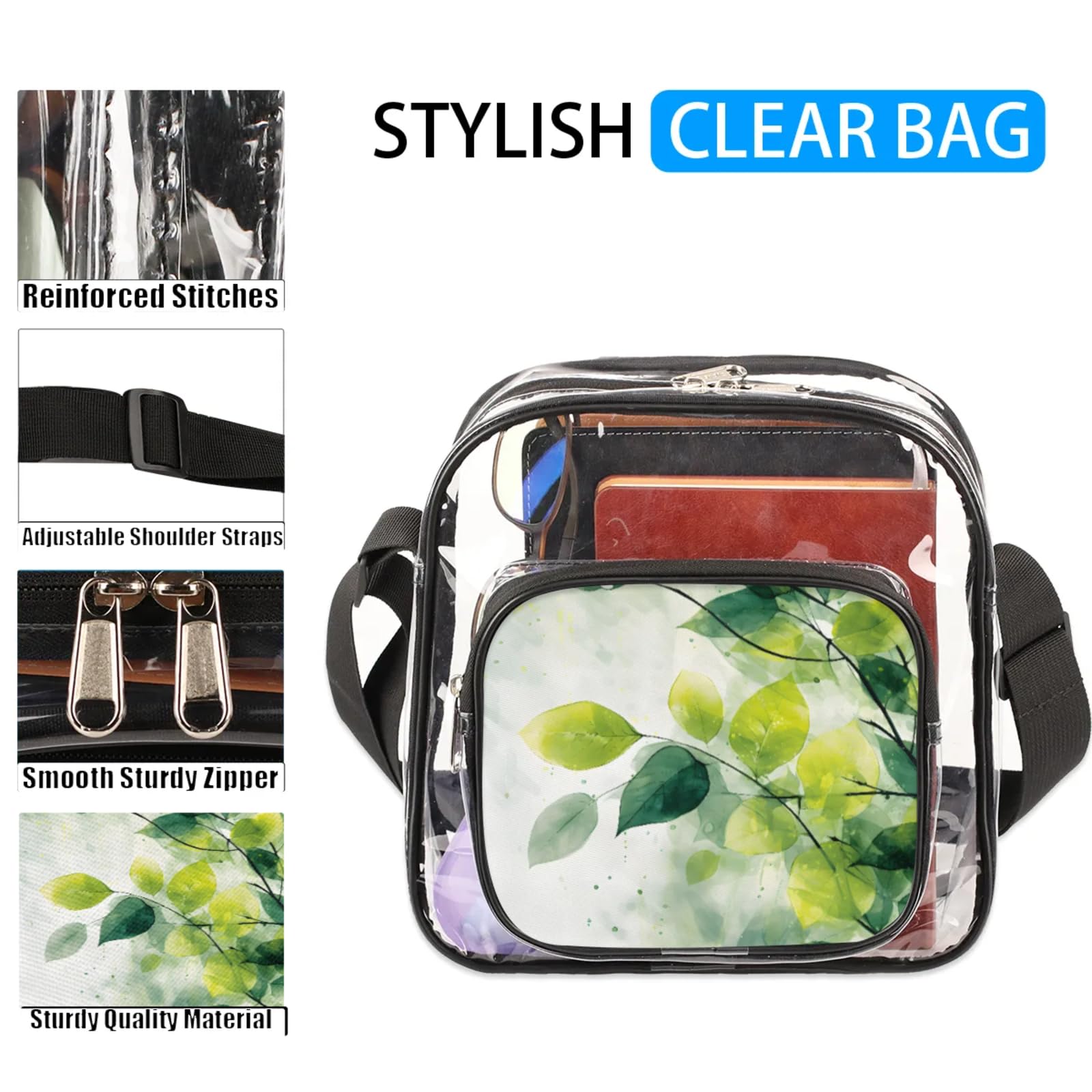 GzLeyigou Clear Crossbody Bag Stadium Approved Leaves Transparent Bag for Festivals, Sports Events, Concerts,Beach Bag for Women Men Clear Purse with Front Pocket Messenger Bag with Adjustable Strap