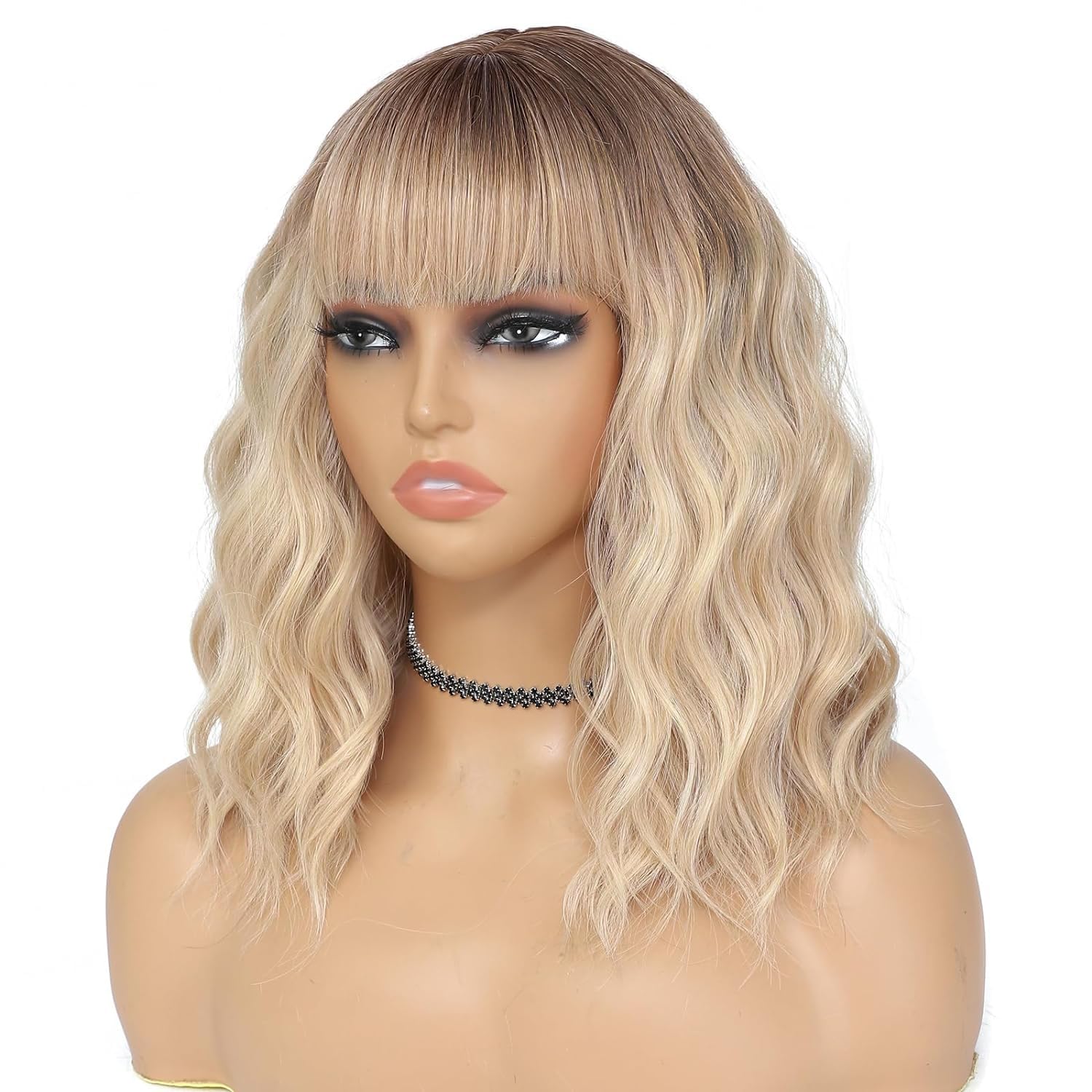 Colorfulpanda Short Blonde Bob Wigs with Dark Roots for Women Shoulder Length Wavy Curly Wigs with Fringe Natural Synthetic Hair Wig for Daily Use and Cosplay 14 inch - Image 4