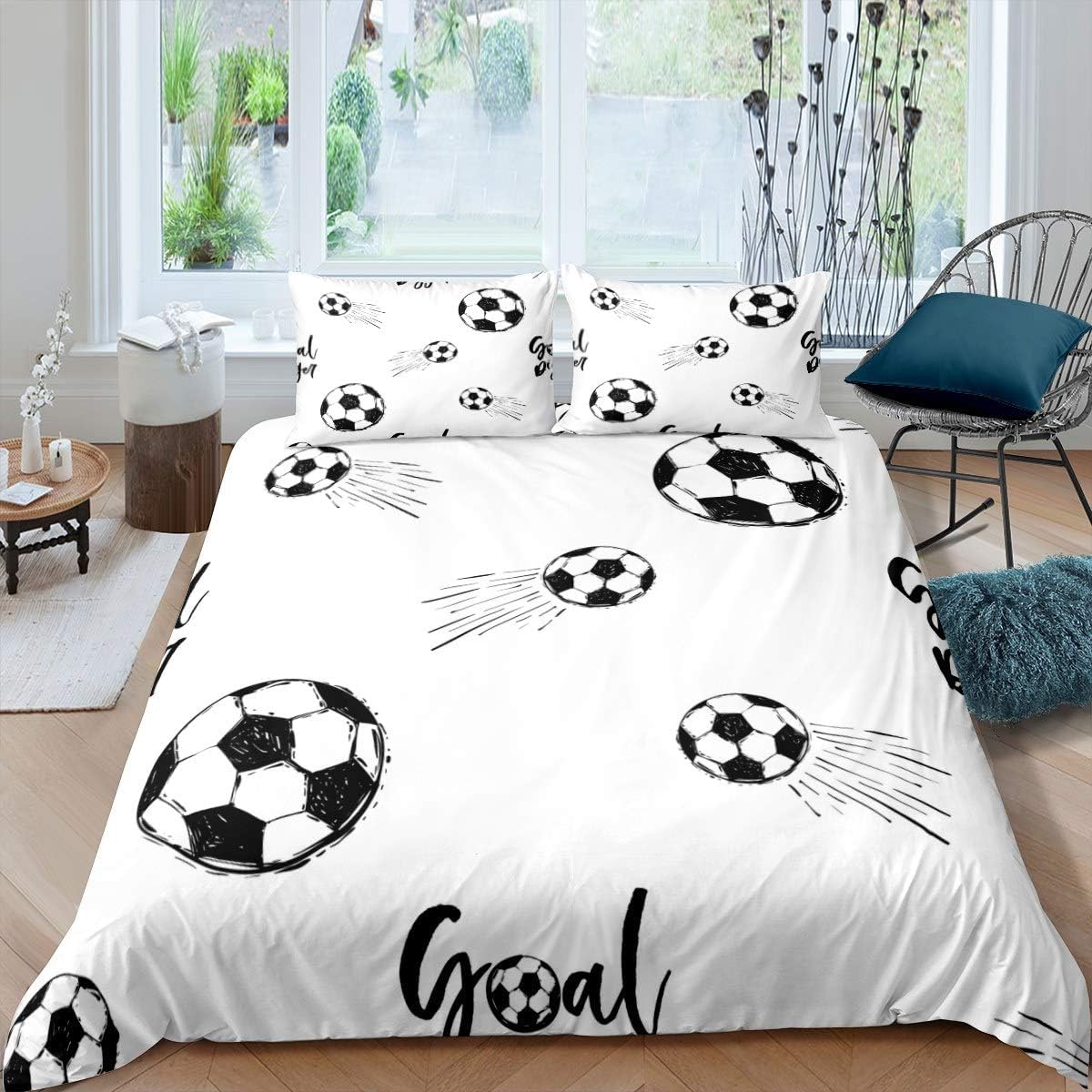 richhome Boy Football Duvet Cover Set Sport Theme Comforter Cover Set Kids Football Pattern Bedding Set Super King Size Kids Men Black White