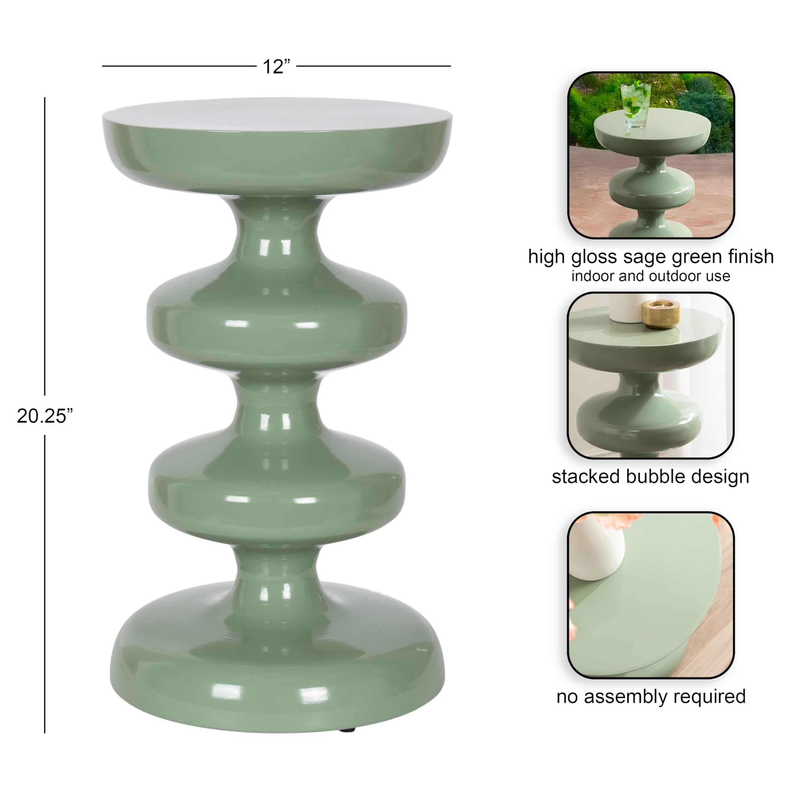 Kate and Laurel Fondi Modern Metal Round Side Table, 12 x 12 x 21, Green, Dorm Living Room Stacked Bubble End Table for Use as Bedroom Nightstand or Outdoor Patio Decor Option