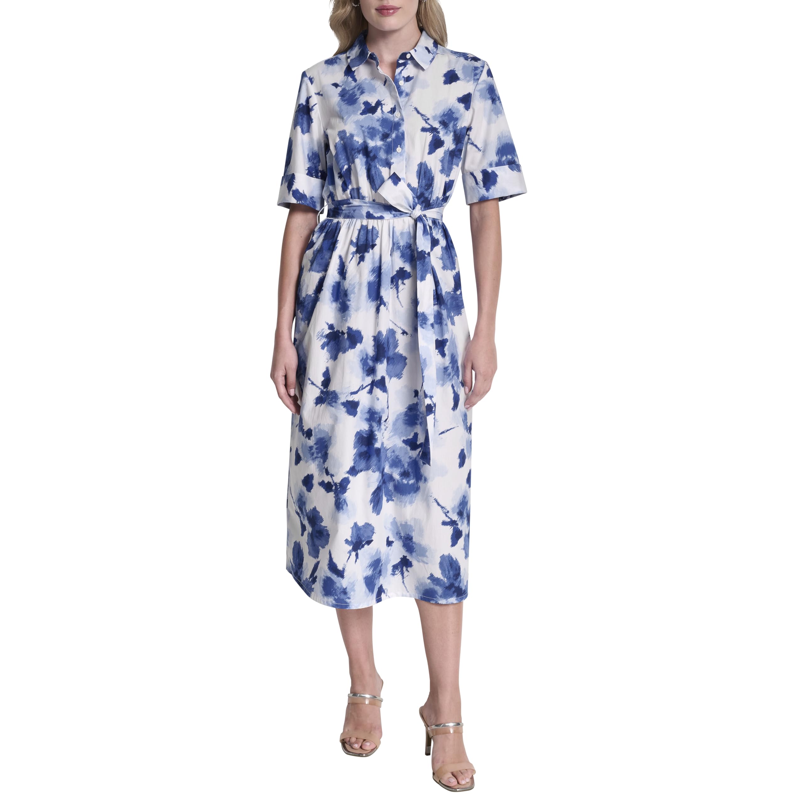 DKNY Women's Short Sleeve Cotton Poplin Collared Midi Shirtdress
