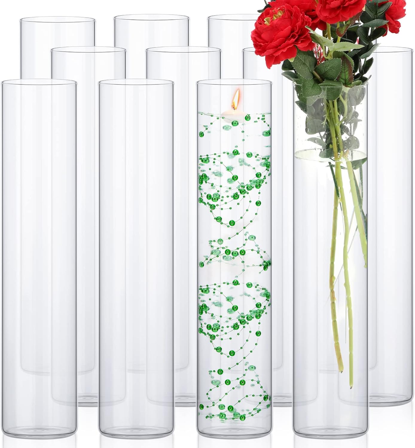 Gerrii 12 Pack Glass Cylinder Vases, Tall Clear Flower Vase for Centerpieces, Hurricane Floating Candle Holder Bulk for Wedding Table Home Formal Dinners Party Decor(16 x 3.35 Inch)
