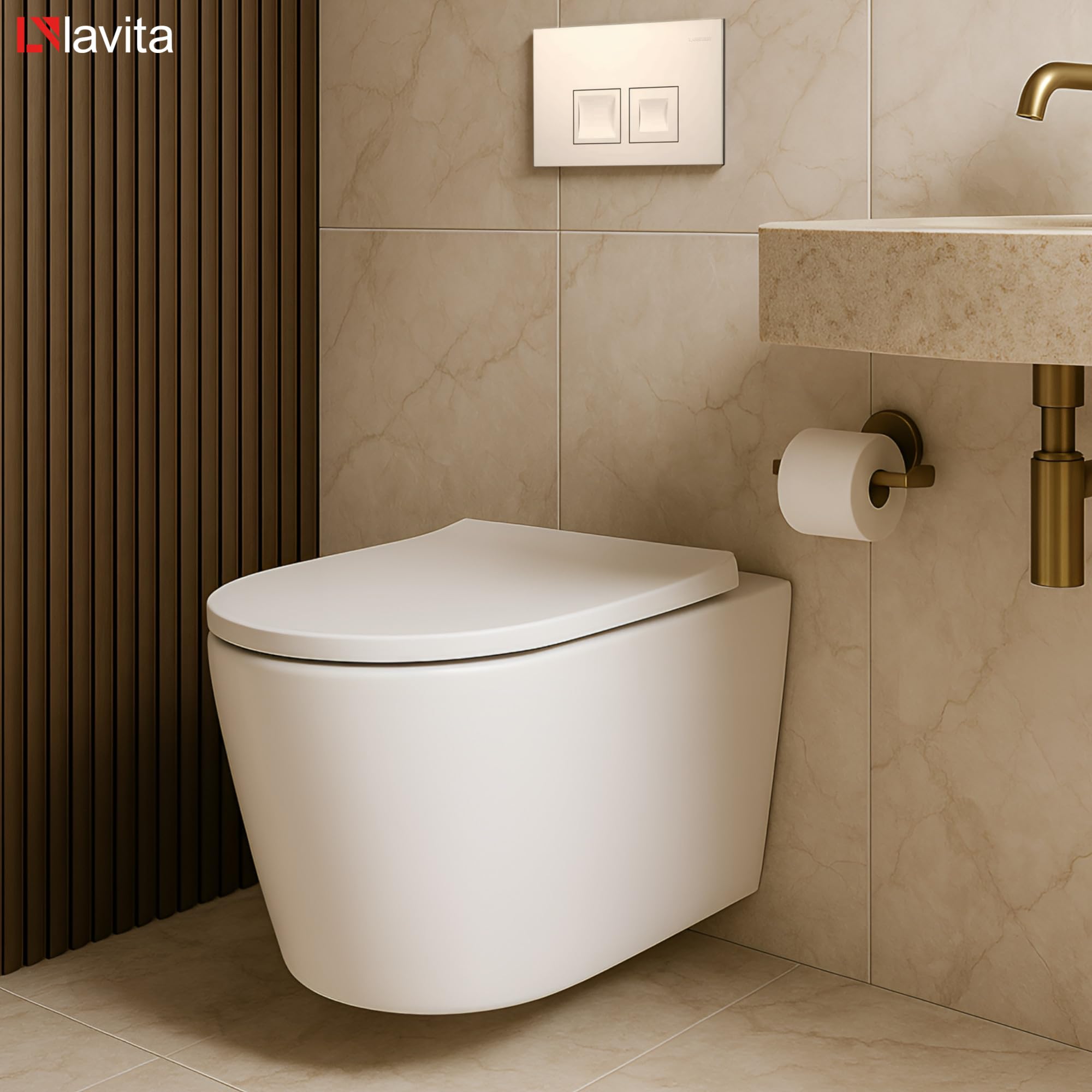 Lavita Conjunto: elemento de pared Duofix Basic WC de descarga profundaVersoni blanco sin reborde con sistema de descarga Tornado+asiento de WC con cierre automático+con botón blanco Conjunto completo