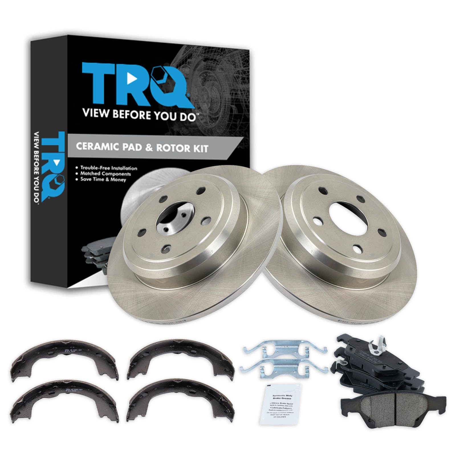 TRQ Rear Brake Pad and Rotor Set Ceramic Solid Rotors Parking Shoe Compatible with 2011-2019 Dodge Durango Jeep Grand Cherokee
