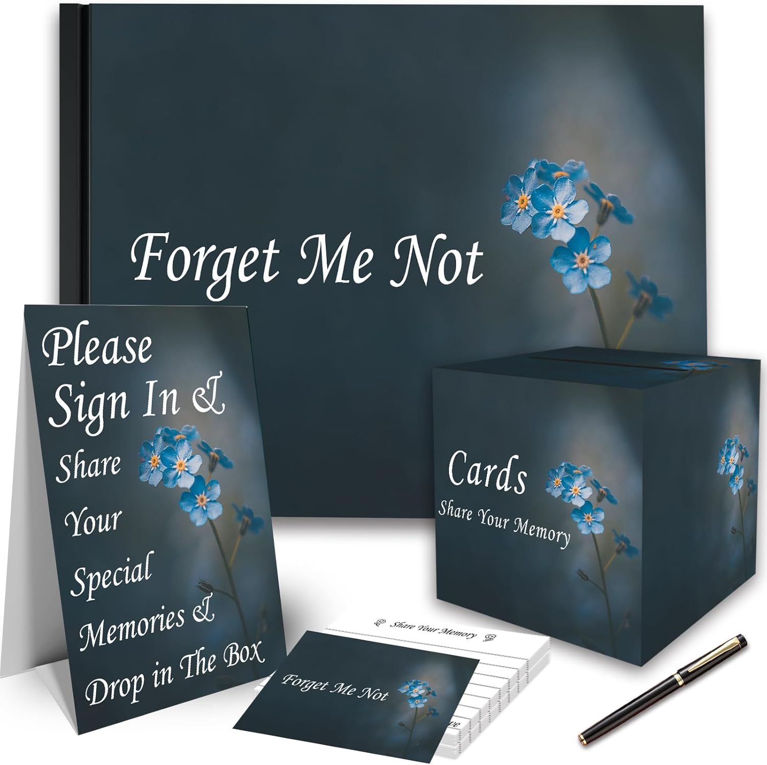 Funeral Guest Book Set, Celebration of Life Guest Book, Memorial Guest Book, Incldes 60 Memory Cards, 2 Pens, 1 Table Sign, 1 Card Box (White)