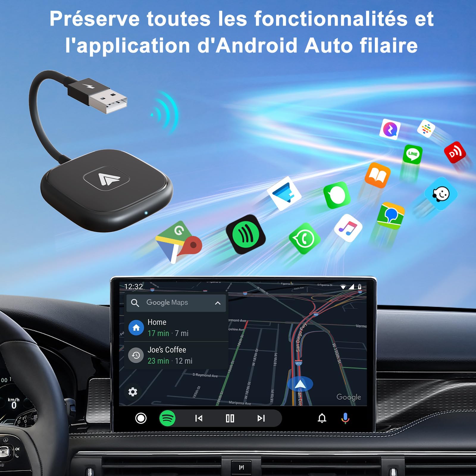 Adaptateur Android Auto sans Fil, Dongle USB pour Autoradio avec OEM Filaire, Wireless Adapter Compatible avec 98% des Voitures avec Android 11 et supérieur