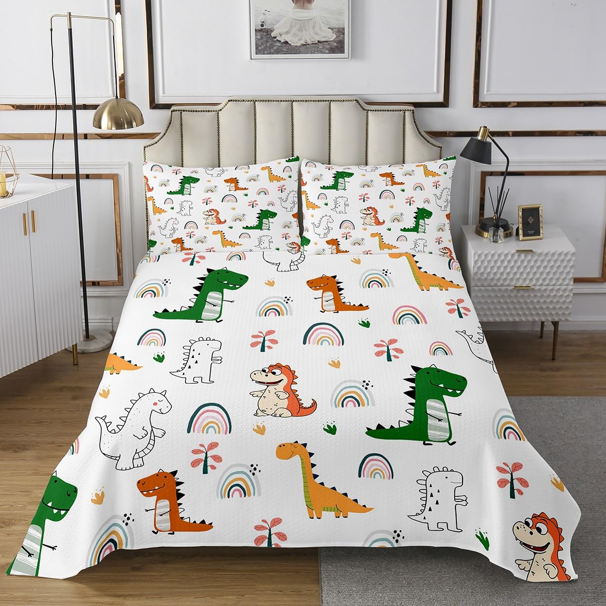 Homemissing Juego de colcha acolchada de dinosaurio para niños y niñas, diseño de arcoíris, impresión digital 3D, tamaño individual, decoración de dormitorio, dinosaurio, naranja, verde