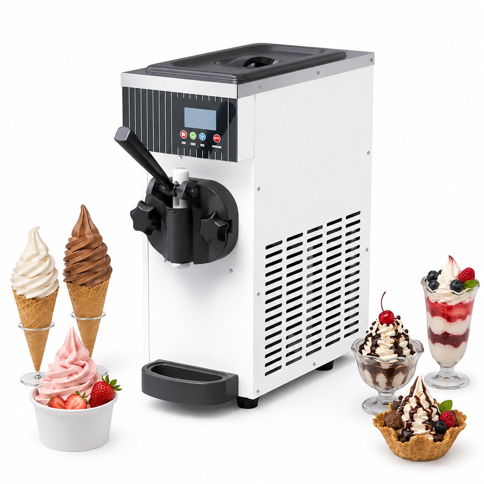 HCAUYNN Ice Cream Machine Commercial, Soft Serve Ice Cream Machine with Fast Cooling System, Auto Cleaning, 2.5L Hopper, Professional Ice Cream Maker White-110V