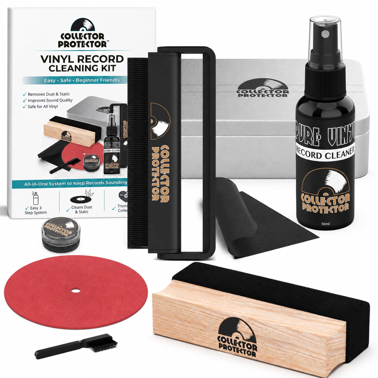 Collector Protector Kit de Limpieza de Discos de Vinilo, Limpiador de Vinilo para Discos, Incluye Cepillo de Limpieza de Discos de Terciopelo Suave y Fibra de Carbono, solución limpiadora de Discos