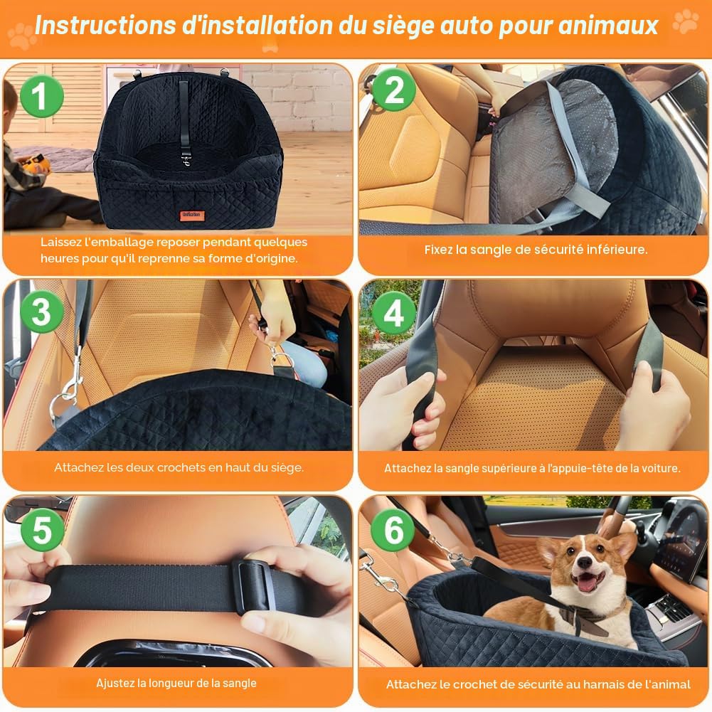 Vivifying Siège Auto pour Petit Chien, rehausseur Amovible et Lavable pour Animaux jusqu'à 11,3 kg - Lit de Voyage avec Compartiments de Rangement et Ceinture de sécurité (Noir)
