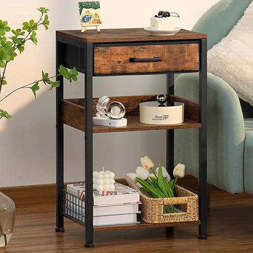 Lerliuo End Table with Fabric Drawer,3 Tier Industrial Wood Side Table with Storage,Modern Tall Printer Stand,Vintage Brown Nightstand,Rustic Bedside Tables for Living Room Bedroom Small Spaces