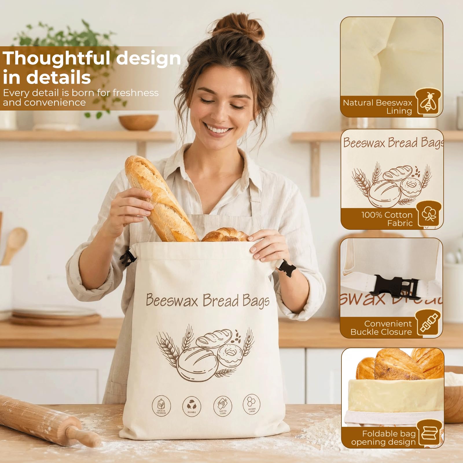 2 pezzi Sacchetto pane cera d'api,43×33 cm Tela cerata per pane,Sacchetti cera d'api per alimenti,con chiusura con fibbia/cerniera,per lievito madre e prodotti da forno (Zip A)