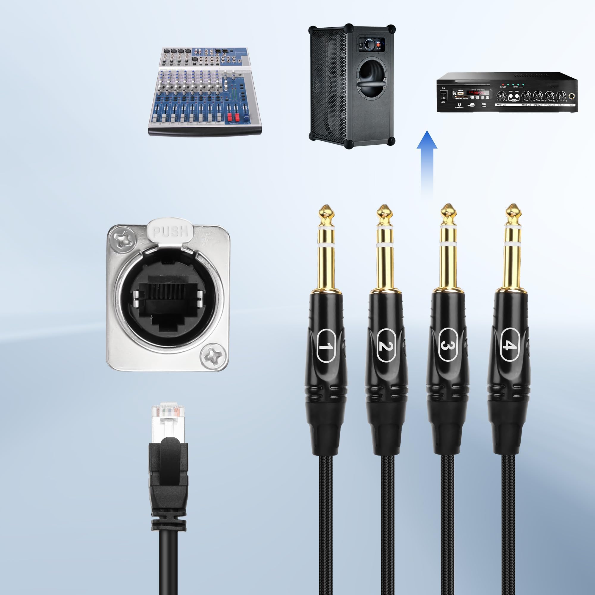 XMSJSIY 1/4" TRS Audio Snake 4-Kanal Multi Over RJ45 Ethercon Cat5/6 zu 6.35mm TRS Netzwerk Extender Kabel für Bühne Sound und Recording Studio (A)