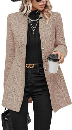 ebossy Womens Casual Business Herringbone Wool Blend Blazer Jacket Notched Collar Button Down Slim Long Sleeve Dress Coat