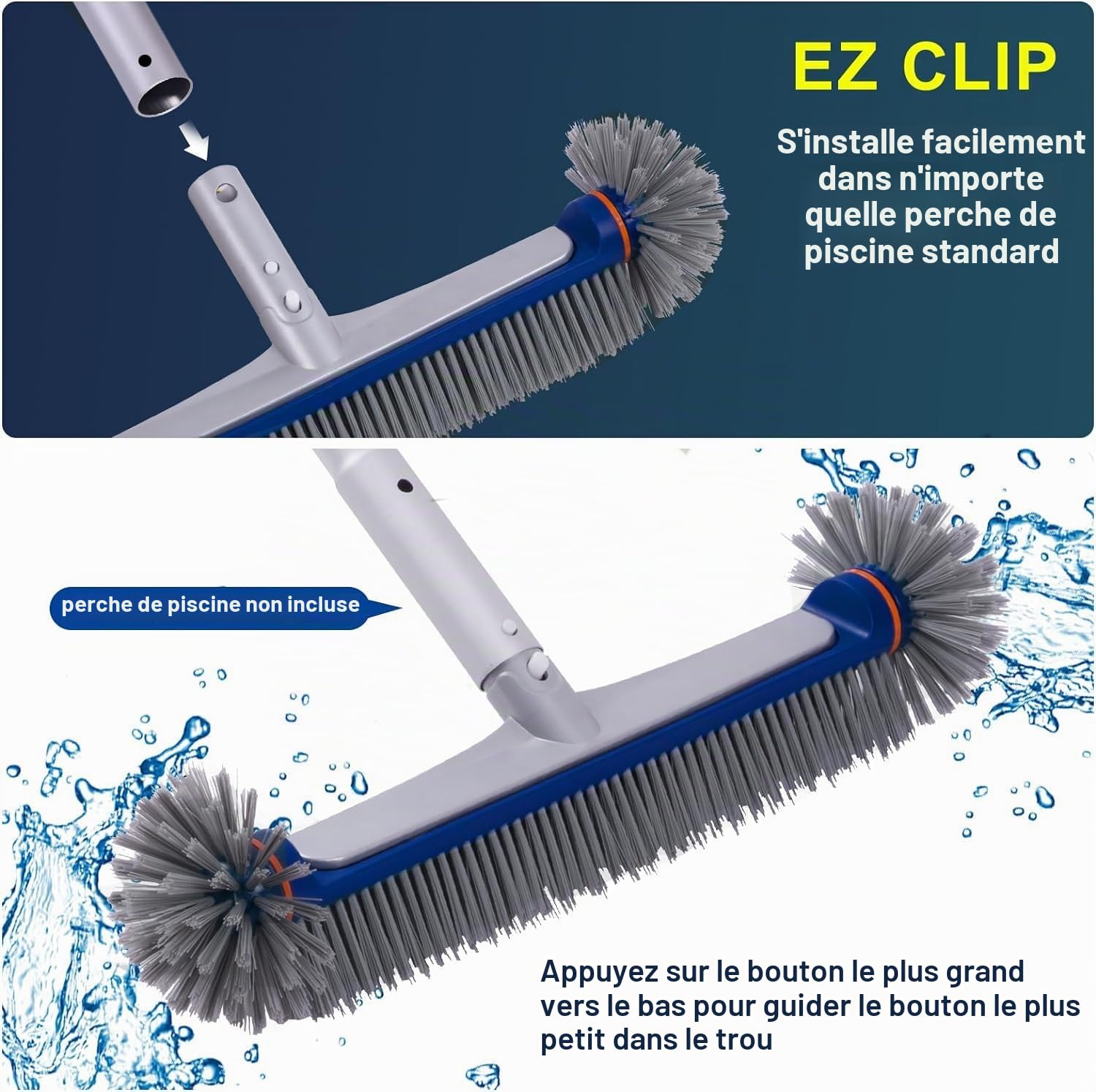 PooLiFE Brosse de piscine de 17,5" avec extrémités rondes pour mur et carrelage avec dos en aluminium renforcé, brosse de qualité supérieure avec poils solides