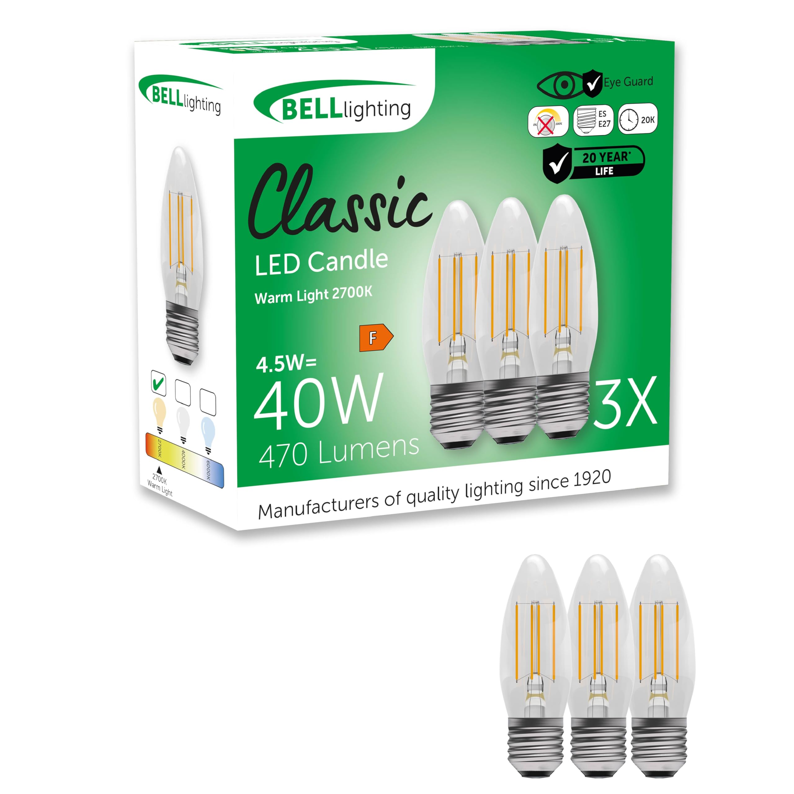 BELL Lighting E27 Filament Bulb LED Candle 3 Pack, Warm White - 2700k