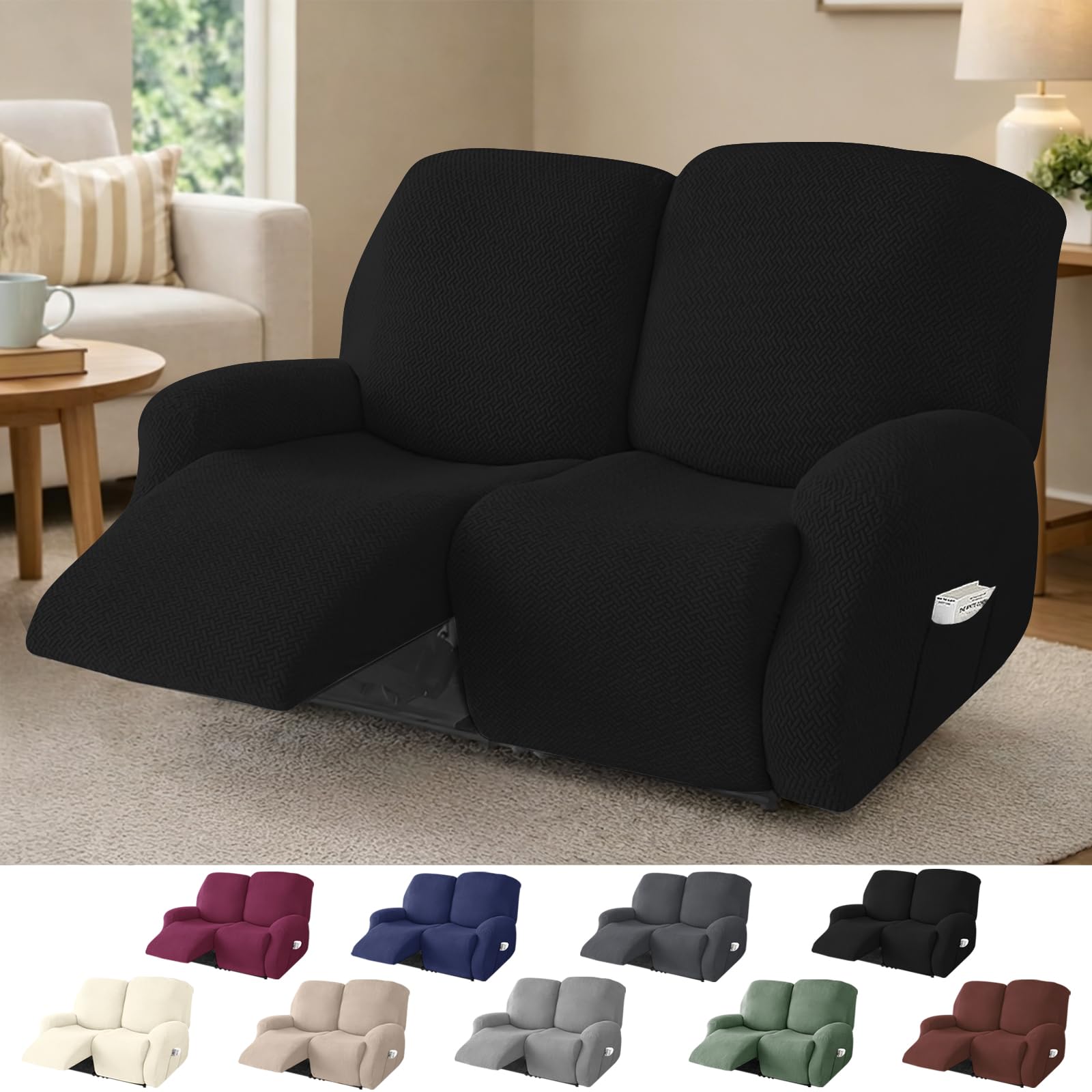 Hengrongshen 2-Seater Recliner Chair Cover, Stretch Chair Covers for Armchairs with Pockets, All-Inclusive Non-Slip Armchair Covers, Sofa Slipcovers Protector (Black)