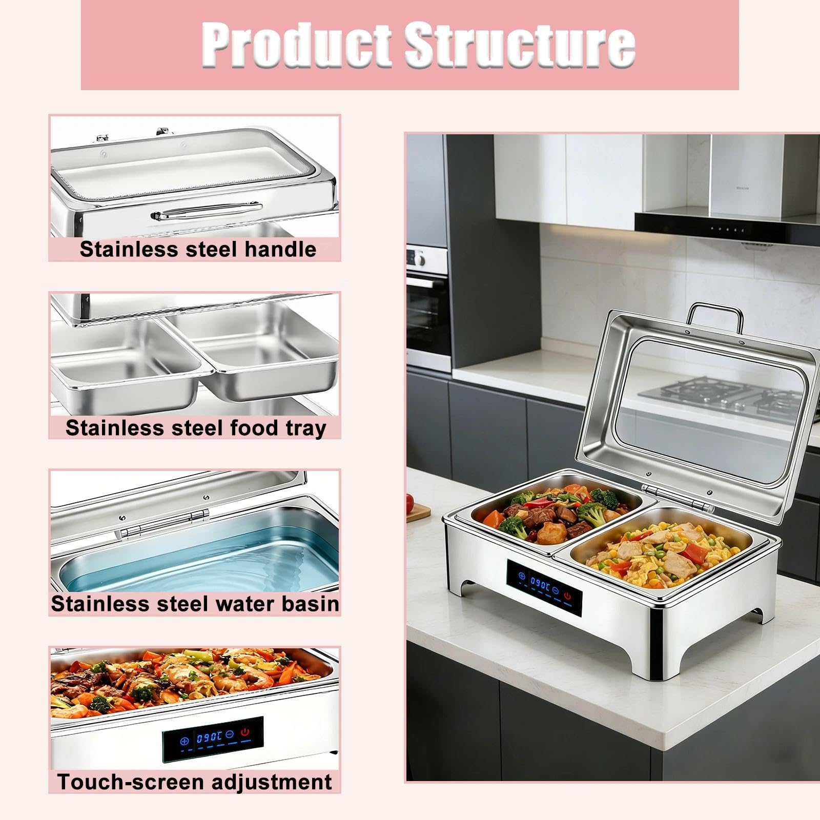 Chafing Dish Elettrico, 9L Scaldavivande Elettrico Acciaio Inox, Professionale Chafing Dish Buffet Elettrico Temperatura Regolabile con Coperchio Visibile per Hotel, 400W(1/3)