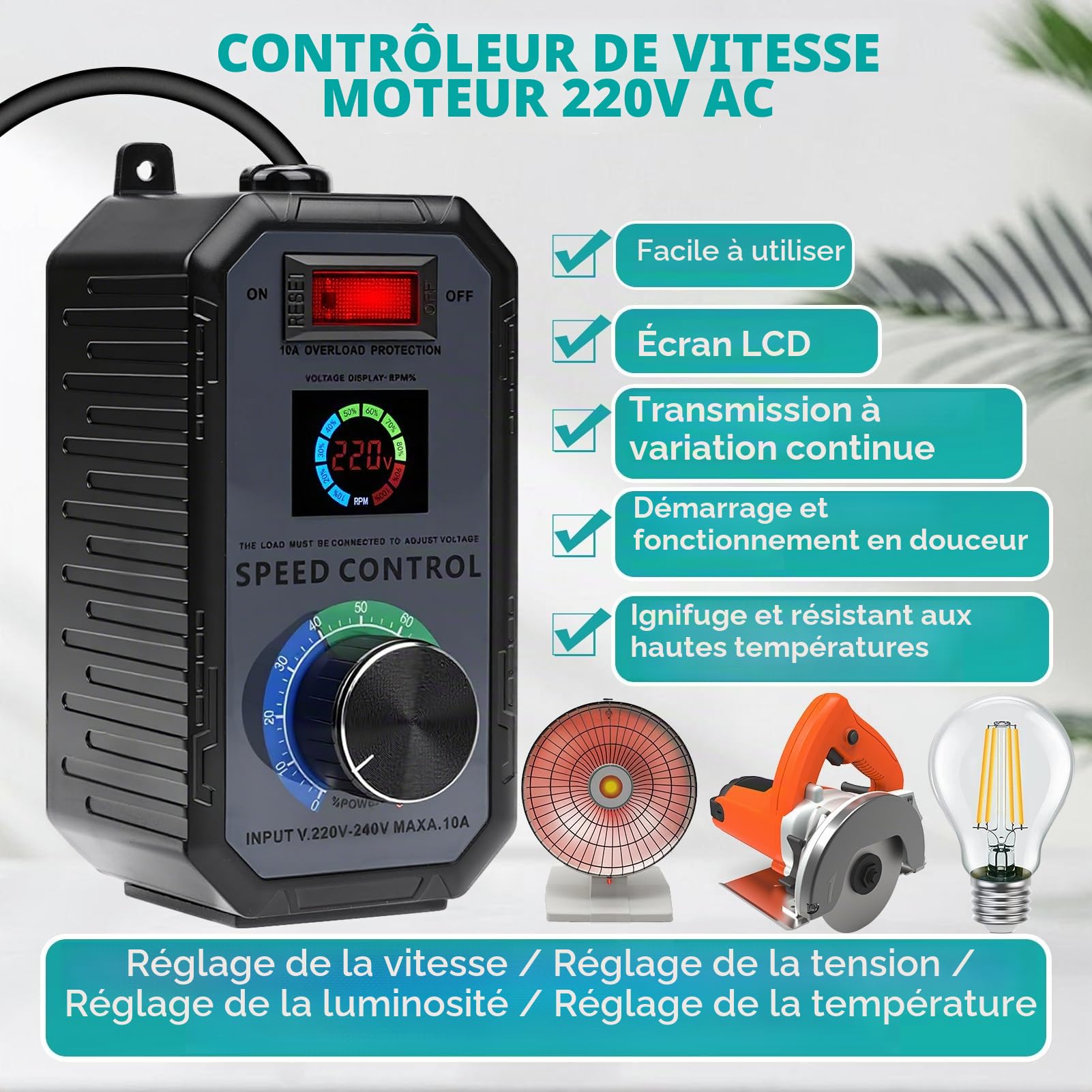 Variateur de Vitesse pour Moteur 220V, 4000W Régulateur de Tension 220V 10A Variateur de Vitesse Continu avec un Nouvel écran LCD，pour Ventilateur/Meuleuse d'angle/Souffleur/Perceuse électrique
