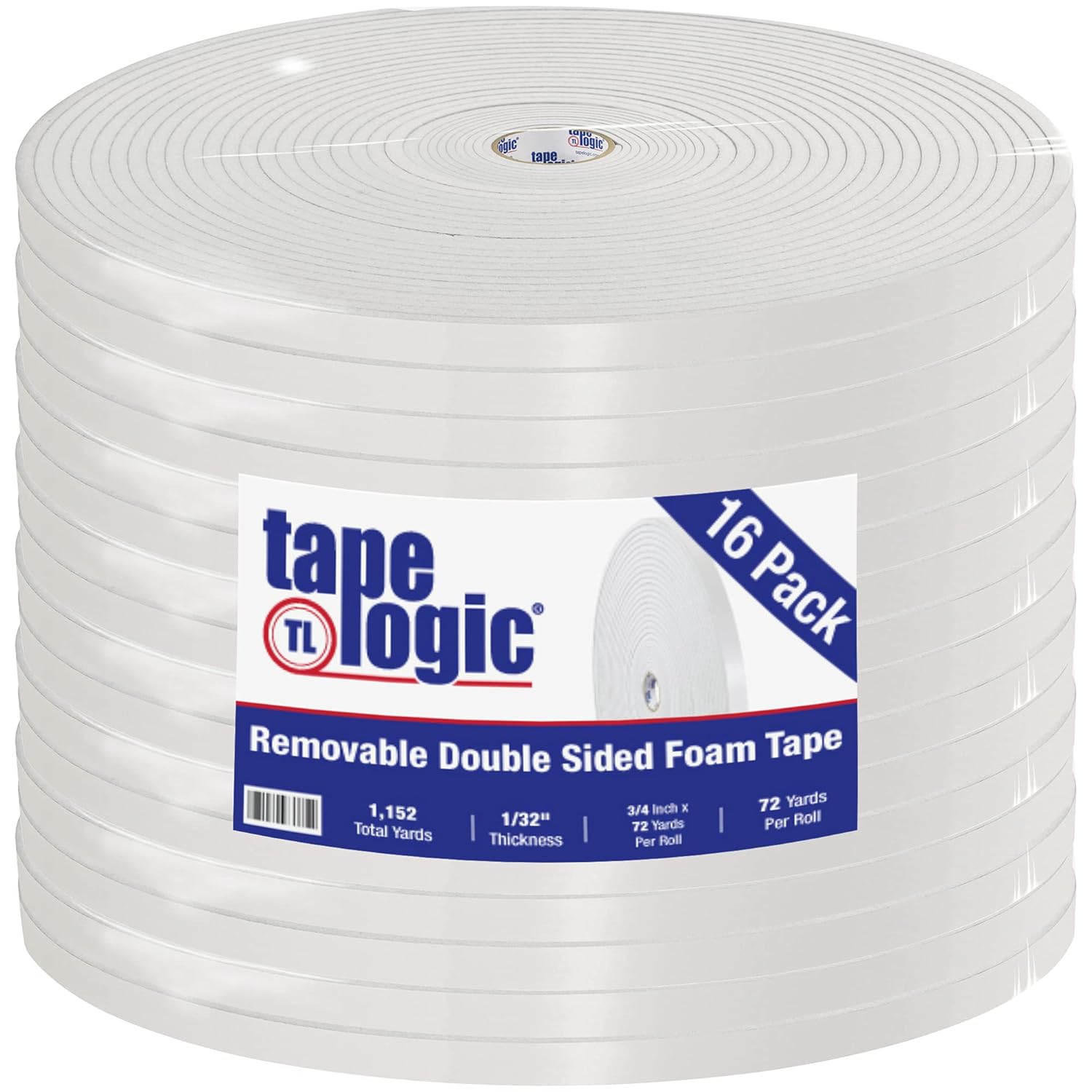 Tape Logic® Removable Double Sided Foam Tape, 1/32" Thick, 3/4" x 72 yds., White, 16/Case